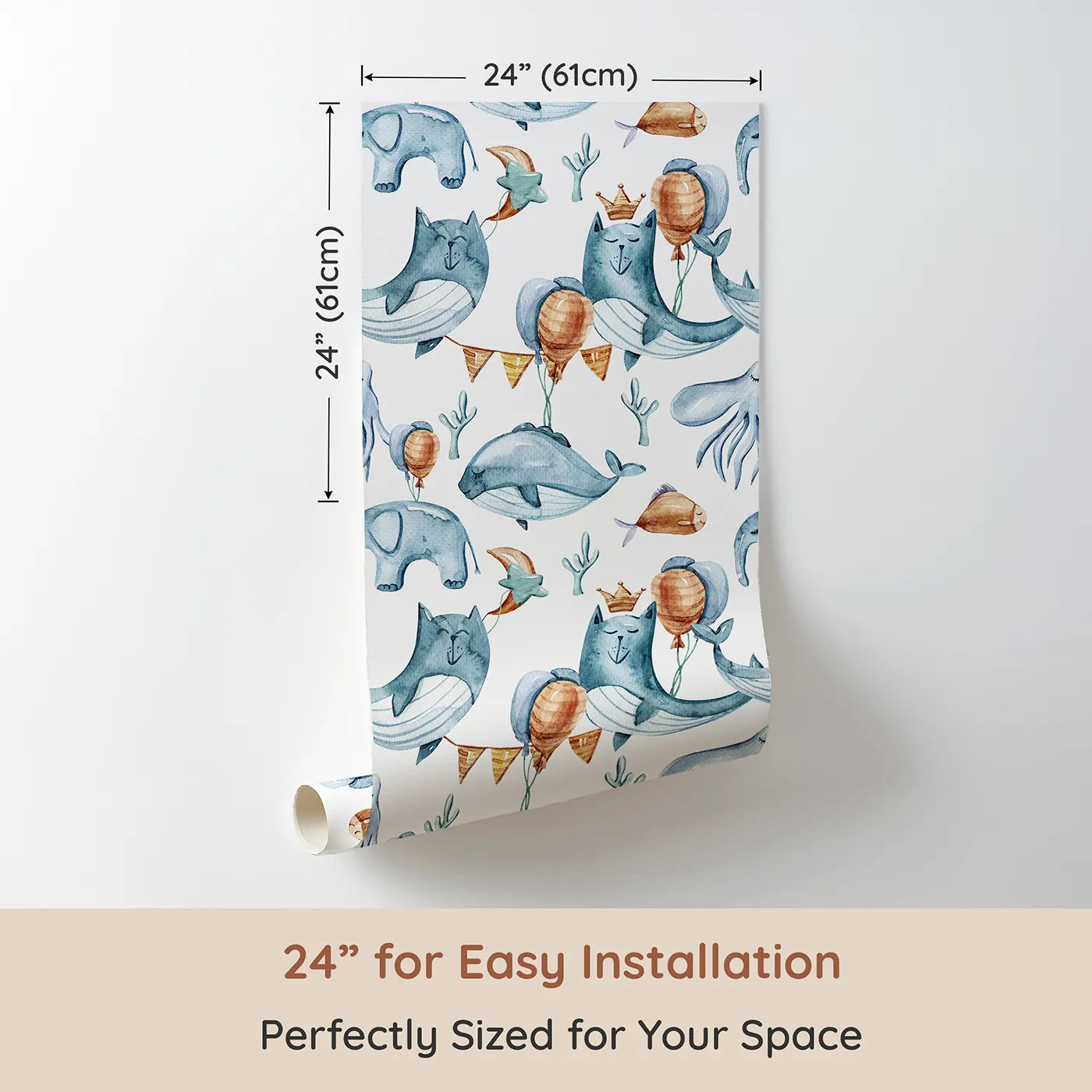 Dimension view of Whimsy Tots Ocean Pals Celebration Wallpaper in White (W3393A). Printed in 24-inch-wide panel for easy installation. Party hats, sea creatures, and balloons bring a playful splash to every wall.
