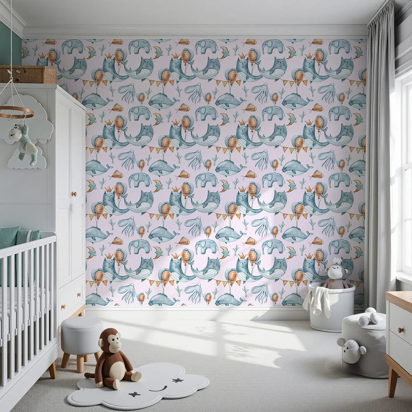 Front view of Whimsy Tots' Ocean Pals Celebration Wallpaper in Blush Pink