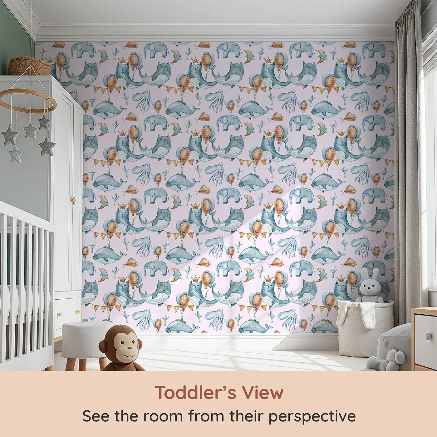 Whimsy Tots Ocean Pals Celebration Wallpaper in Blush Pink (W3393B) from your child's view.Blushing skies and playful sea creatures turn every wall into an underwater celebration.
