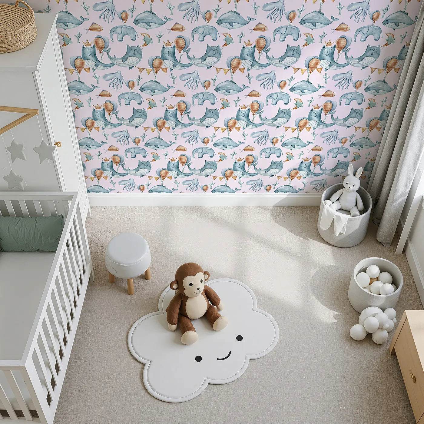Top-Down view of Whimsy Tots' Ocean Pals Celebration Wallpaper in Blush Pink (W3393B).Blushing skies and playful sea creatures turn every wall into an underwater celebration.