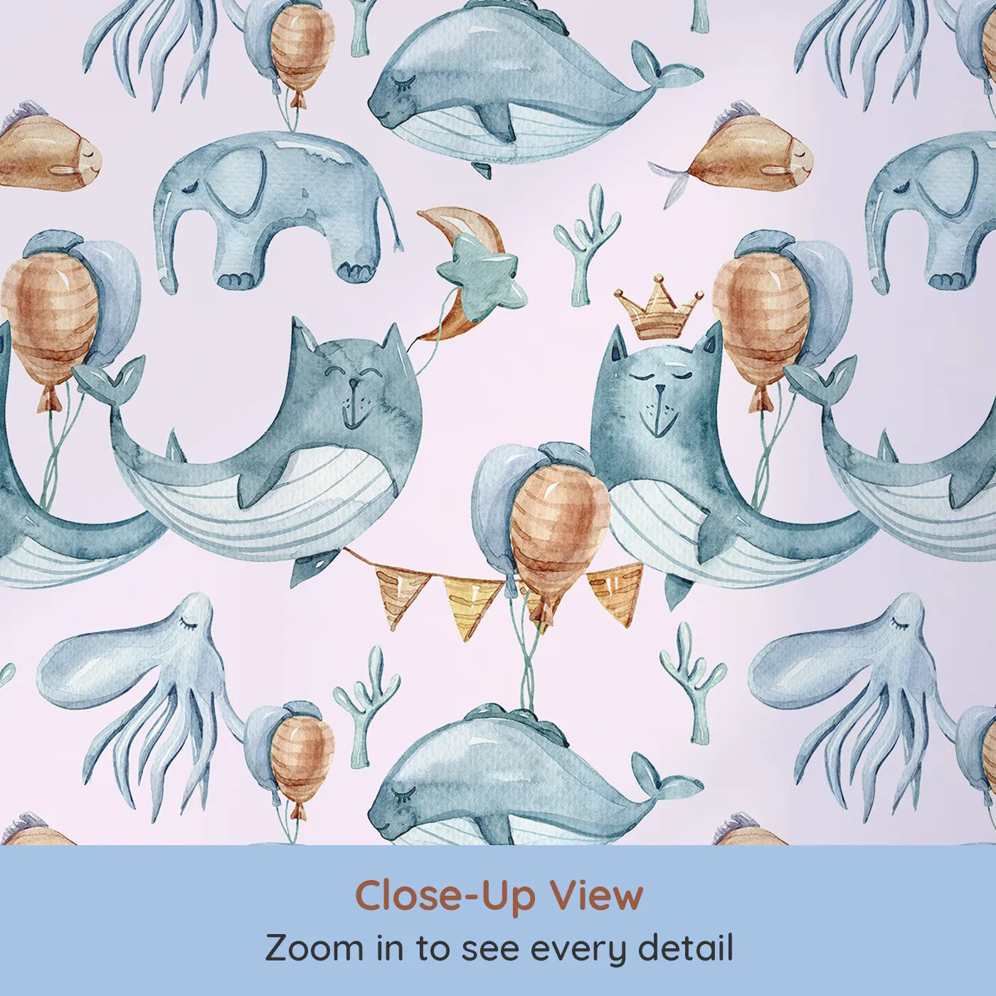 Close-up view of Whimsy Tots' Ocean Pals Celebration Wallpaper in Blush Pink (W3393B).Blushing skies and playful sea creatures turn every wall into an underwater celebration.