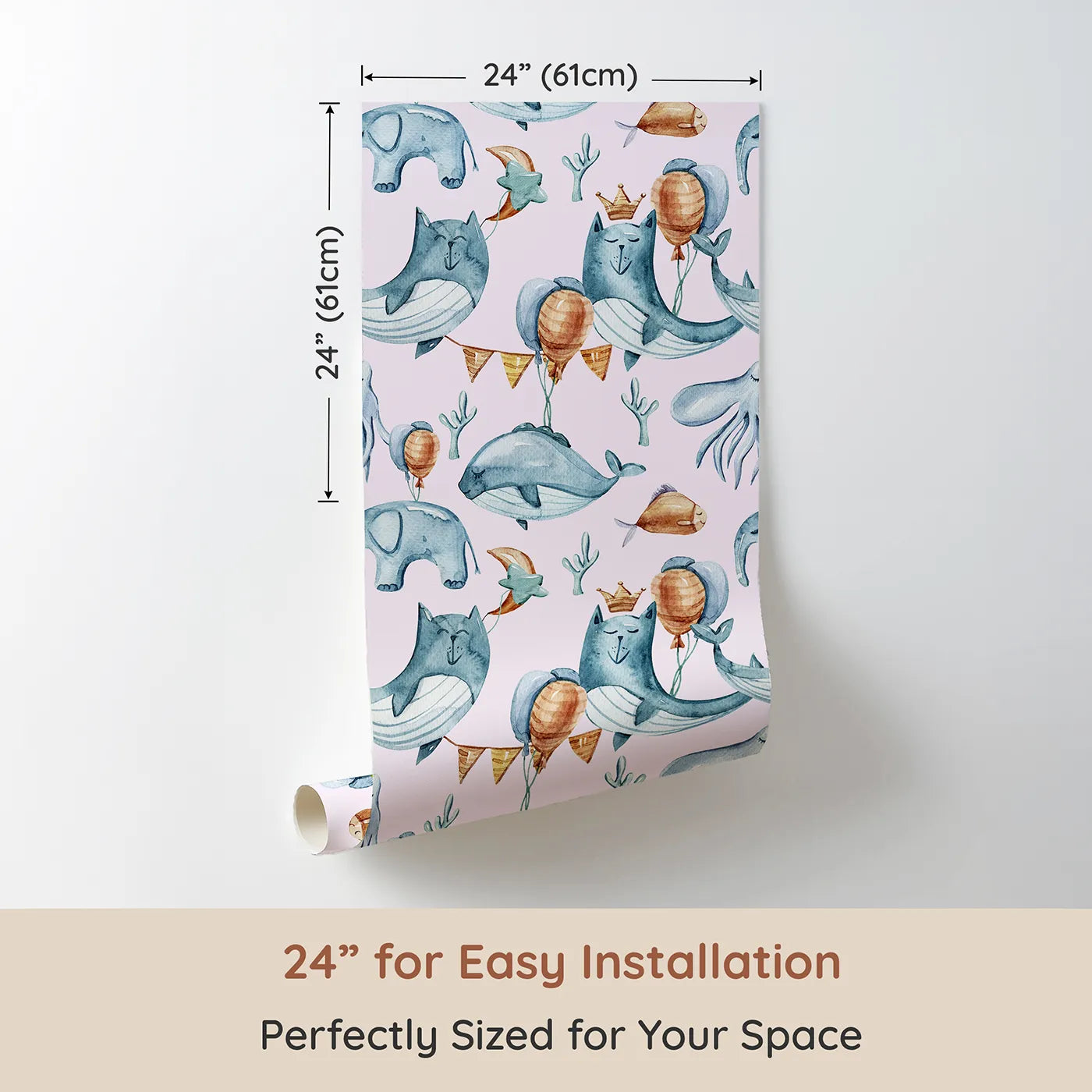 Dimension view of Whimsy Tots Ocean Pals Celebration Wallpaper in Blush Pink (W3393B). Printed in 24-inch-wide panel for easy installation. Blushing skies and playful sea creatures turn every wall into an underwater celebration.