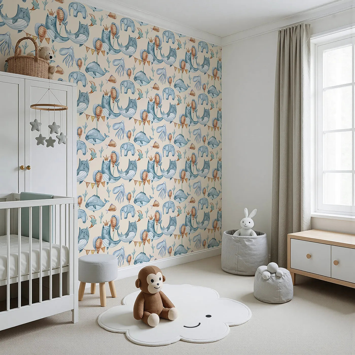 Angled view of Whimsy Tots' Ocean Pals Celebration Wallpaper in Cream (W3393C).Creamy skies and festive sea friends bring joyful calm to their little world.