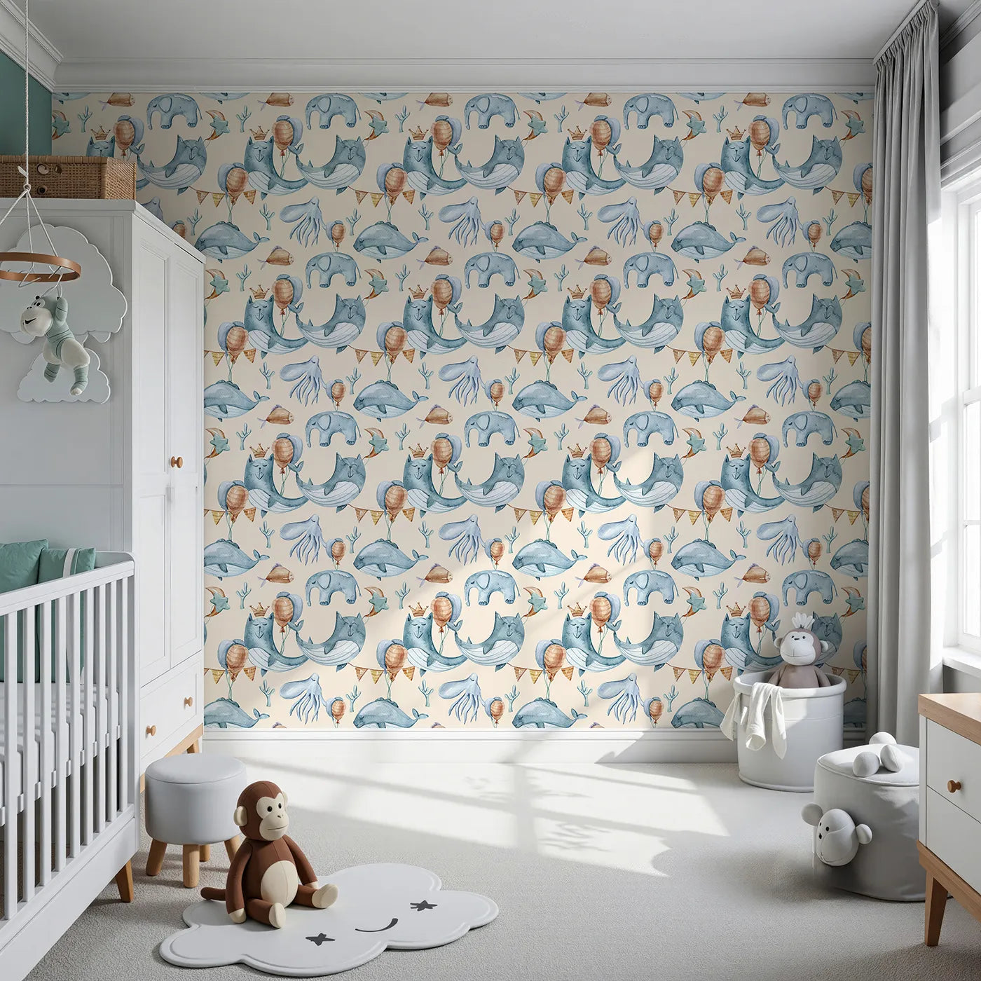 Front view of Whimsy Tots' Ocean Pals Celebration Wallpaper in Cream