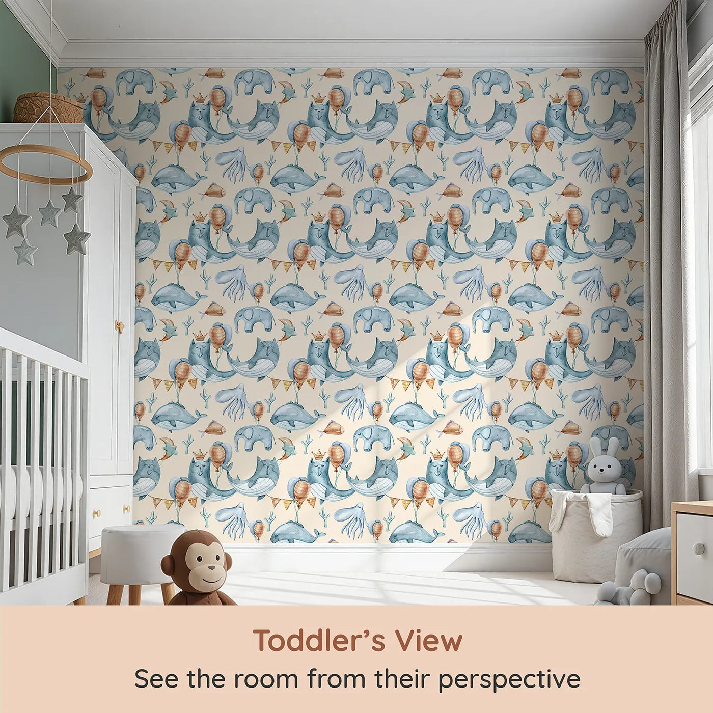 Whimsy Tots Ocean Pals Celebration Wallpaper in Cream (W3393C) from your child's view.Creamy skies and festive sea friends bring joyful calm to their little world.