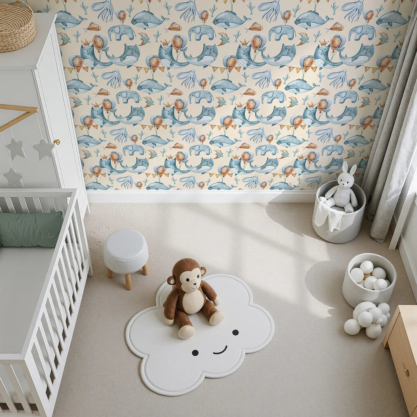 Top-Down view of Whimsy Tots' Ocean Pals Celebration Wallpaper in Cream (W3393C).Creamy skies and festive sea friends bring joyful calm to their little world.