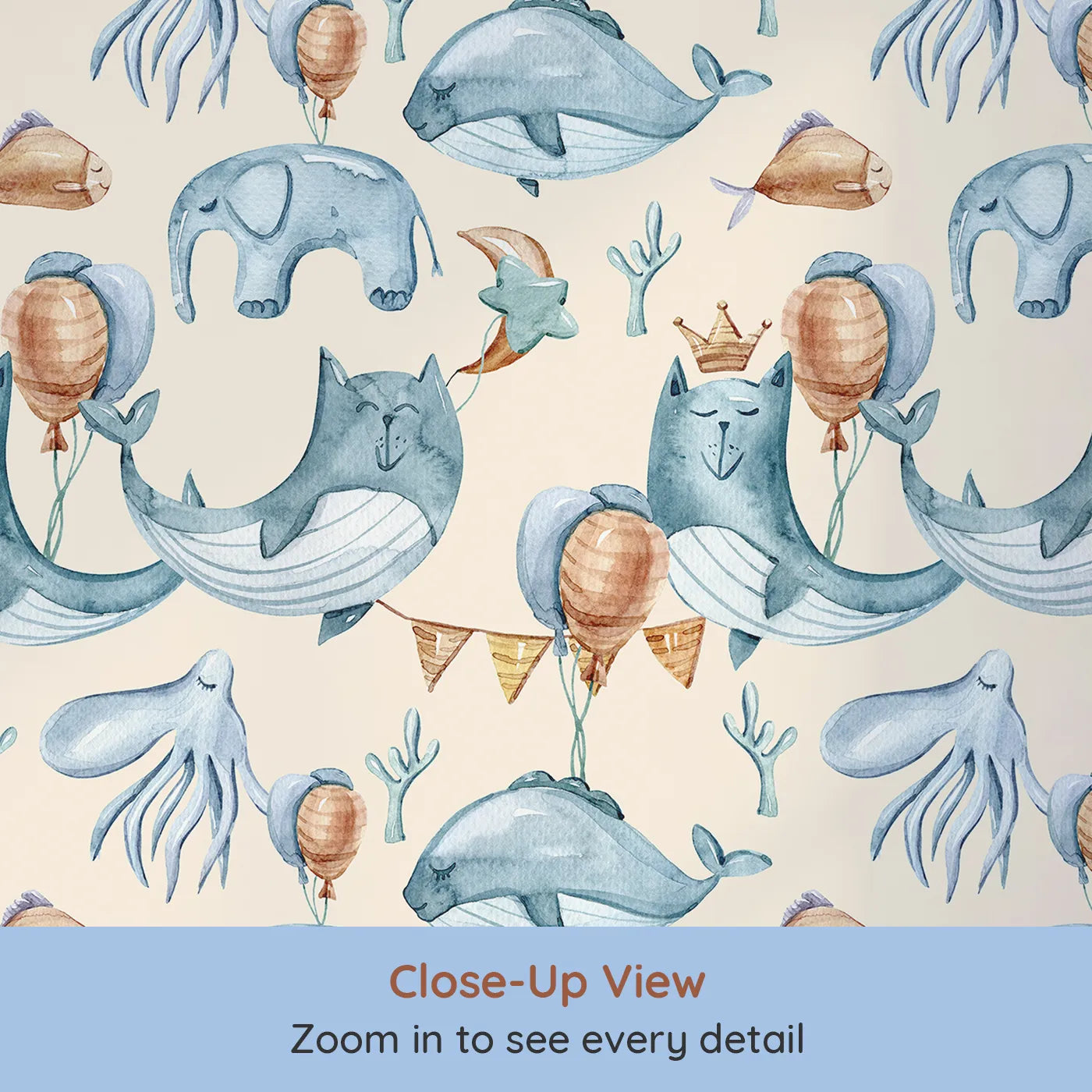 Close-up view of Whimsy Tots' Ocean Pals Celebration Wallpaper in Cream (W3393C).Creamy skies and festive sea friends bring joyful calm to their little world.
