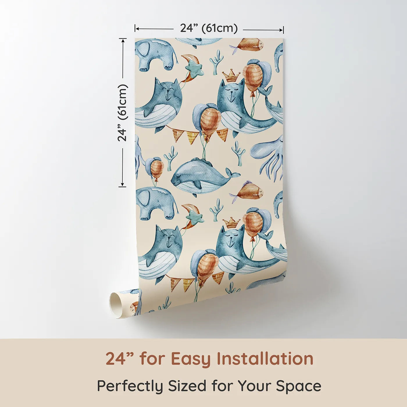 Dimension view of Whimsy Tots Ocean Pals Celebration Wallpaper in Cream (W3393C). Printed in 24-inch-wide panel for easy installation. Creamy skies and festive sea friends bring joyful calm to their little world.