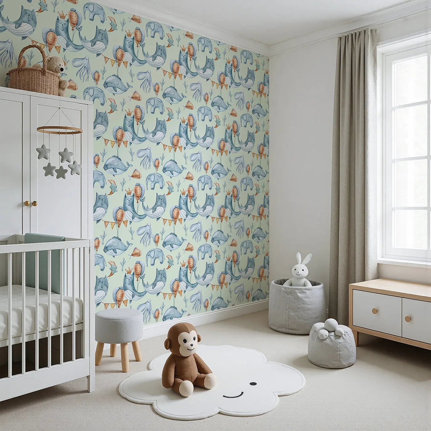 Angled view of Whimsy Tots' Ocean Pals Celebration Wallpaper in Mint Green (W3393D).Minty skies, cheerful sea creatures, and floating balloons fill their world with wonder.