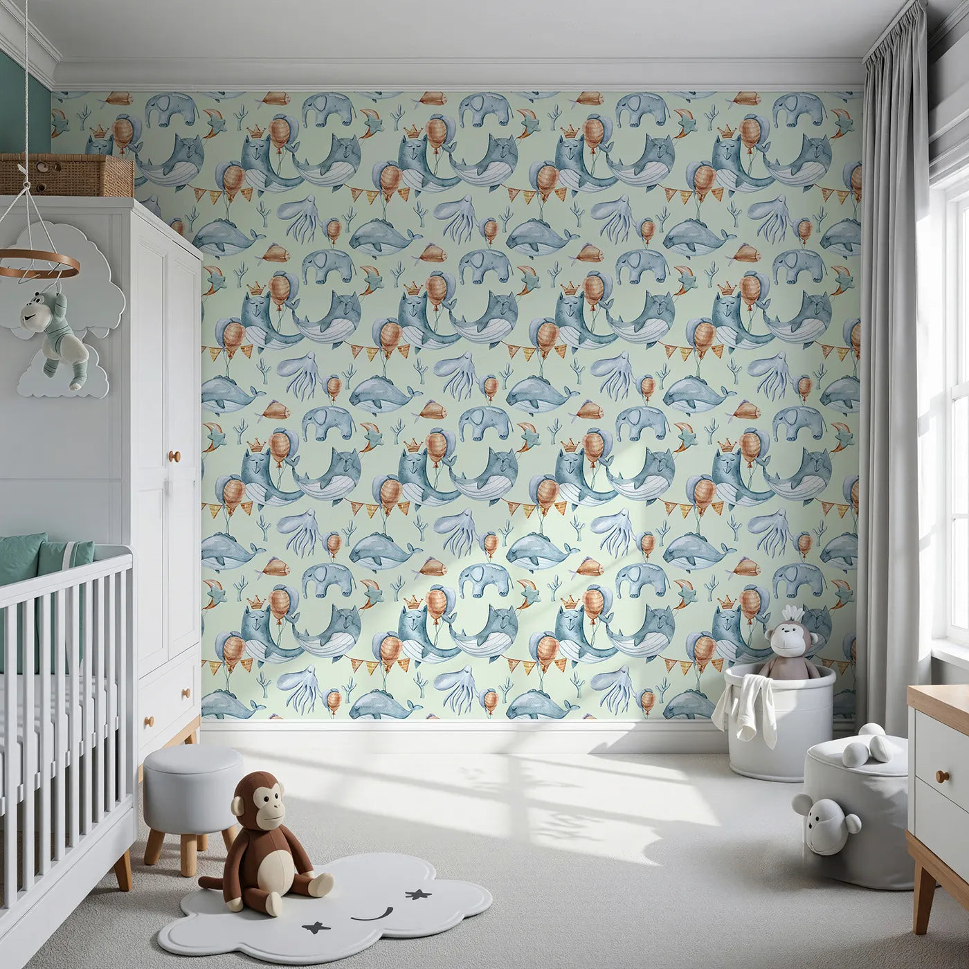 Front view of Whimsy Tots' Ocean Pals Celebration Wallpaper in Mint Green