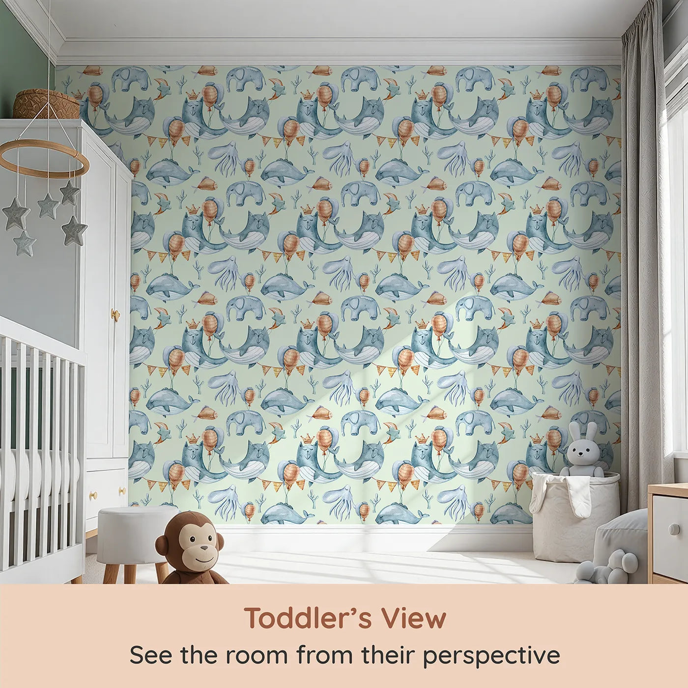 Whimsy Tots Ocean Pals Celebration Wallpaper in Mint Green (W3393D) from your child's view.Minty skies, cheerful sea creatures, and floating balloons fill their world with wonder.