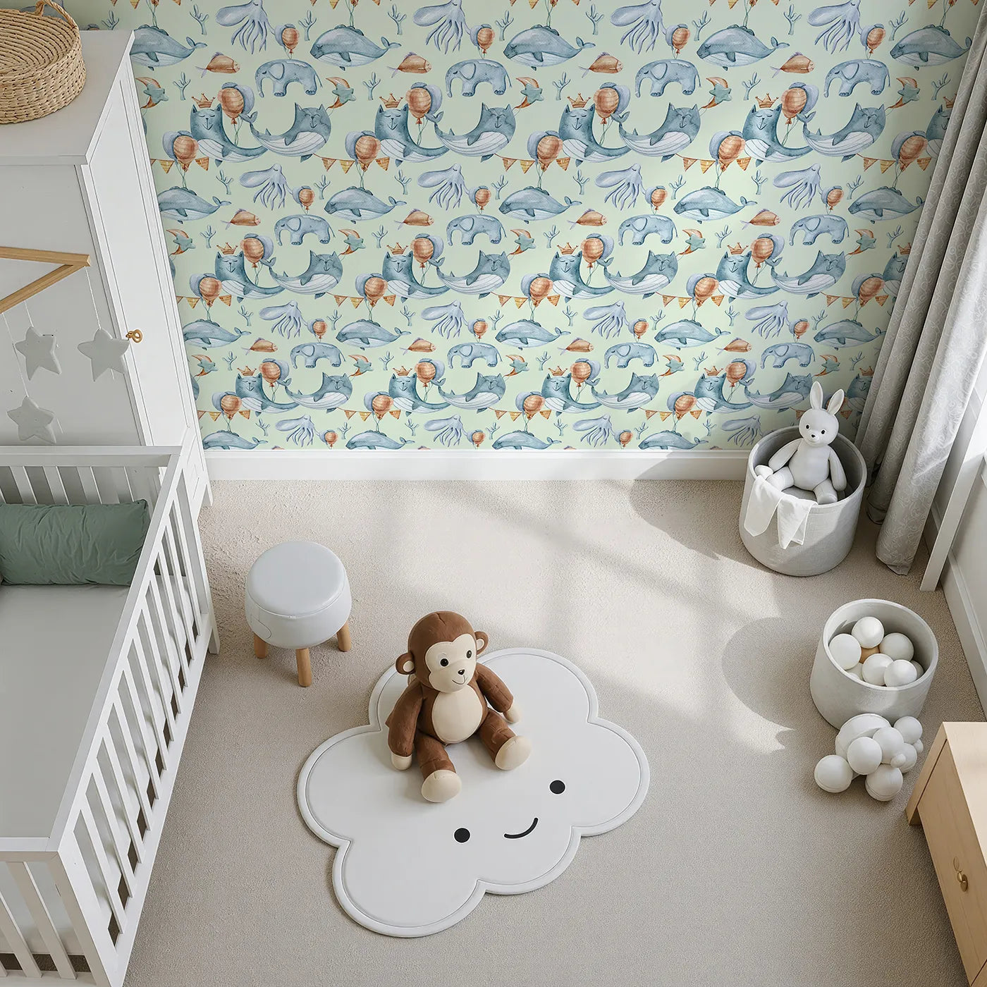 Top-Down view of Whimsy Tots' Ocean Pals Celebration Wallpaper in Mint Green (W3393D).Minty skies, cheerful sea creatures, and floating balloons fill their world with wonder.
