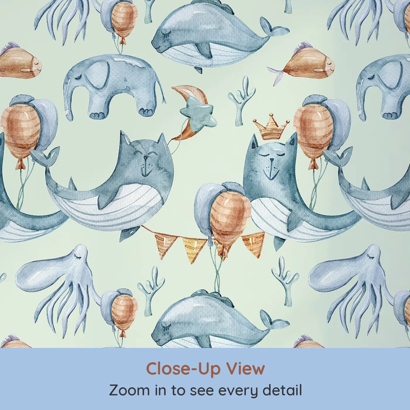 Close-up view of Whimsy Tots' Ocean Pals Celebration Wallpaper in Mint Green (W3393D).Minty skies, cheerful sea creatures, and floating balloons fill their world with wonder.