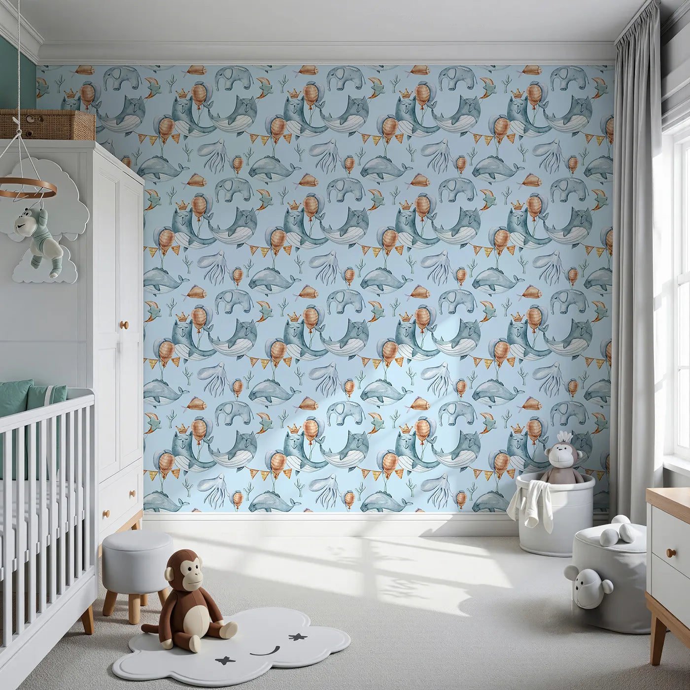 Front view of Whimsy Tots' Ocean Pals Celebration Wallpaper in Sky
