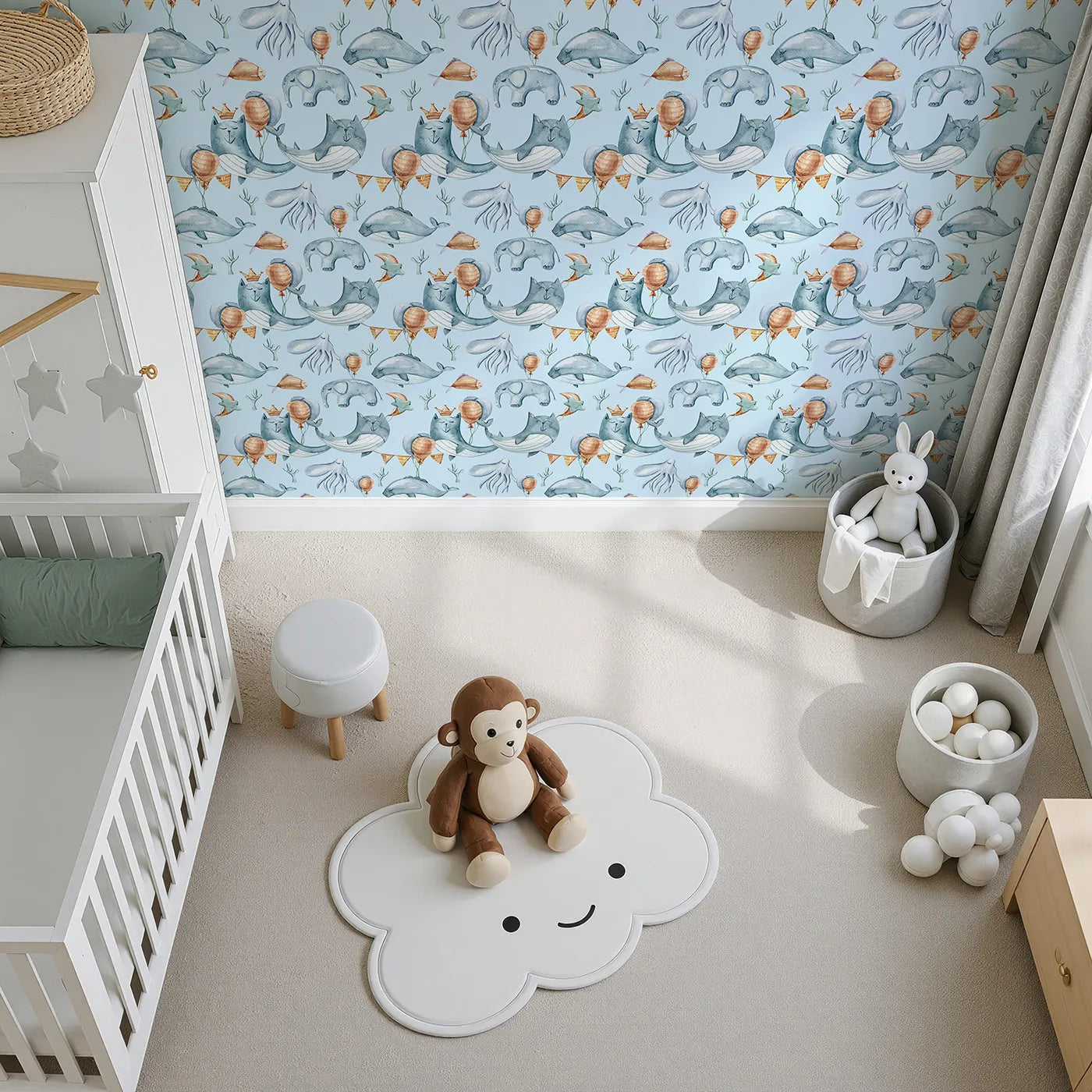 Top-Down view of Whimsy Tots' Ocean Pals Celebration Wallpaper in Sky (W3393E).Balloons and sea creatures float happily across a soft sky blue sea.