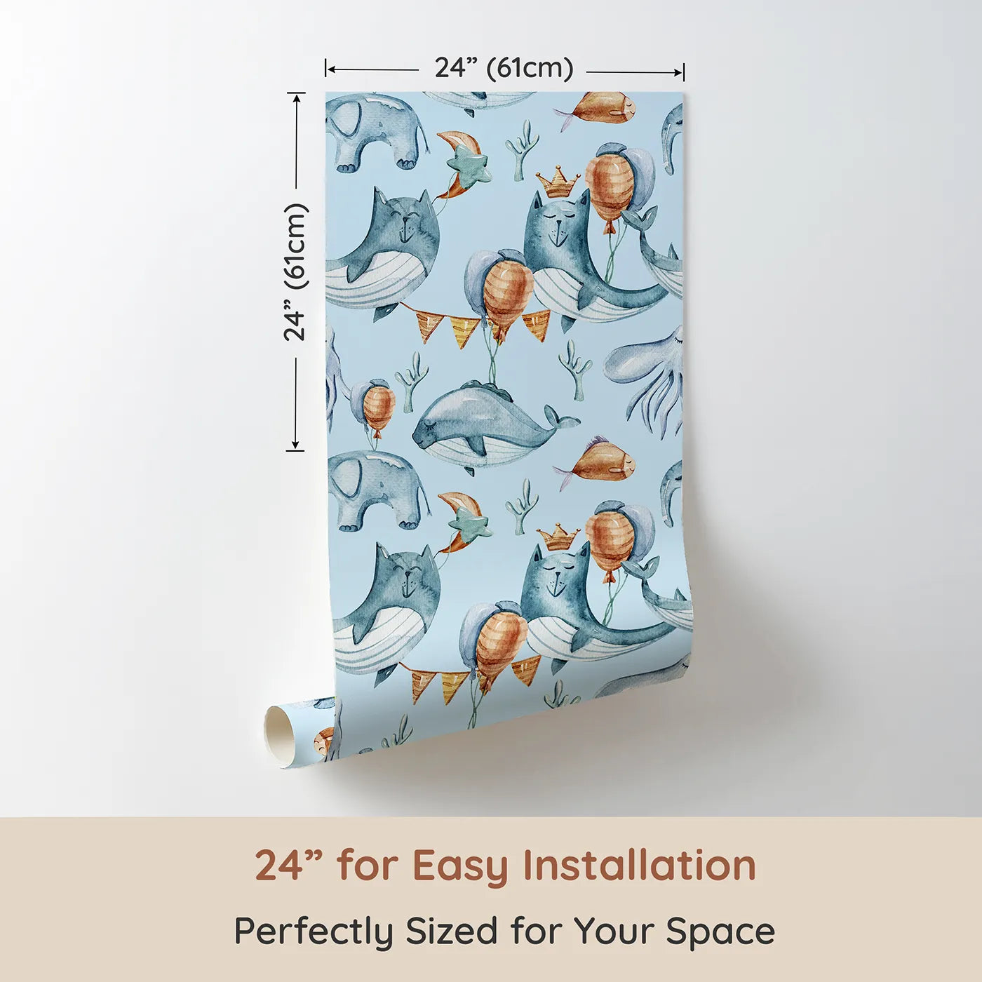 Dimension view of Whimsy Tots Ocean Pals Celebration Wallpaper in Sky (W3393E). Printed in 24-inch-wide panel for easy installation. Balloons and sea creatures float happily across a soft sky blue sea.