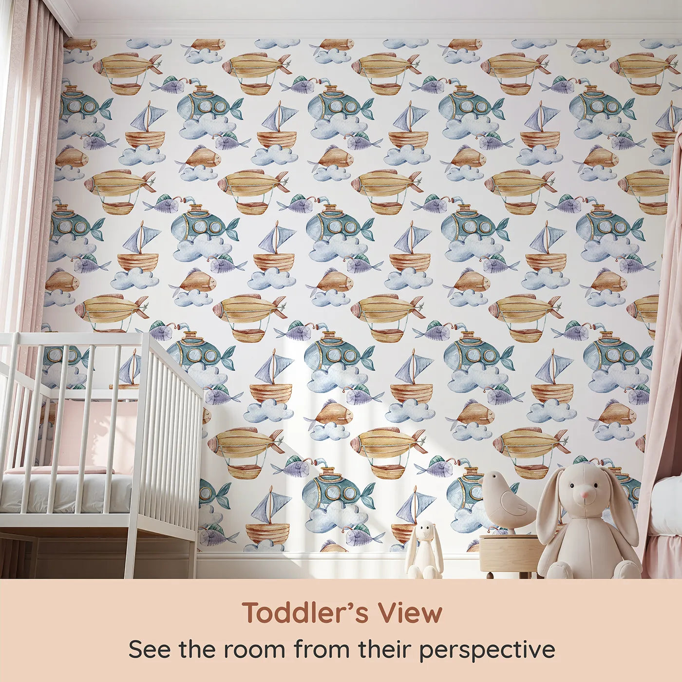 Whimsy Tots Skybound Explorers Wallpaper in White (W3394A) from your child's view.Hot airships, submarines, and smiling fish drift playfully across a cloud-filled sky.