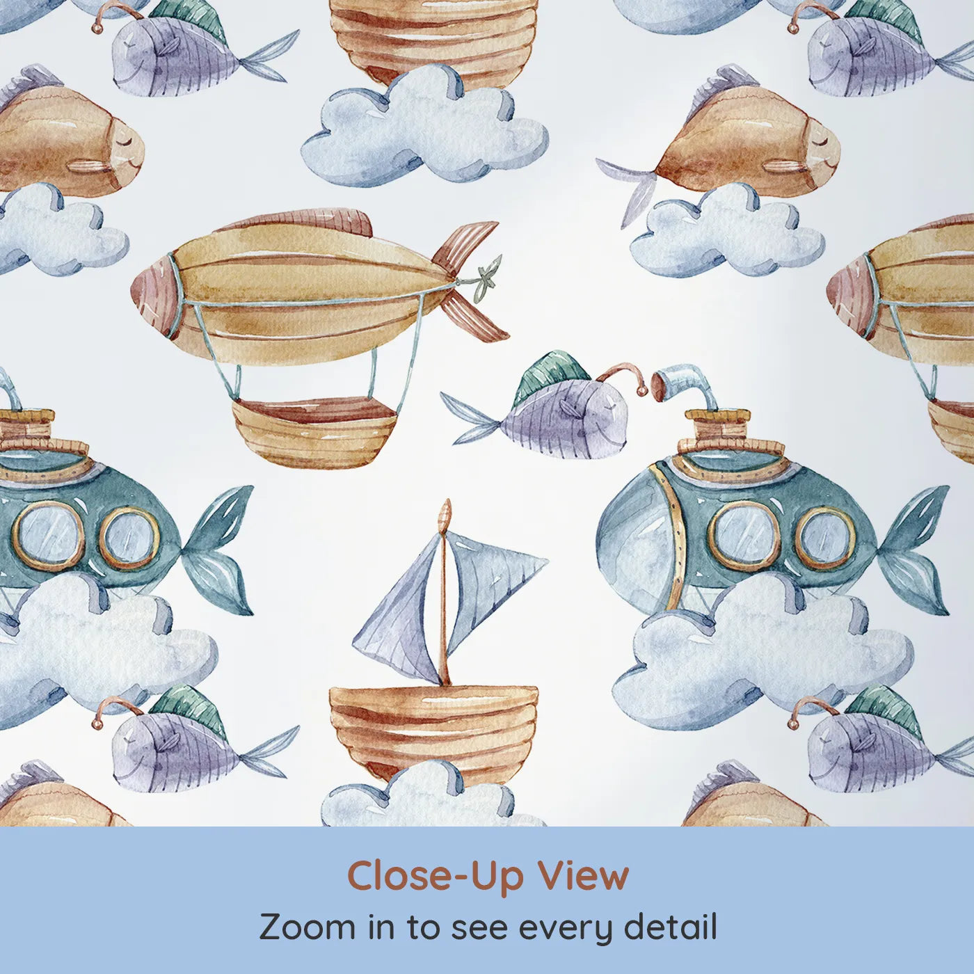 Close-up view of Whimsy Tots' Skybound Explorers Wallpaper in White (W3394A).Hot airships, submarines, and smiling fish drift playfully across a cloud-filled sky.