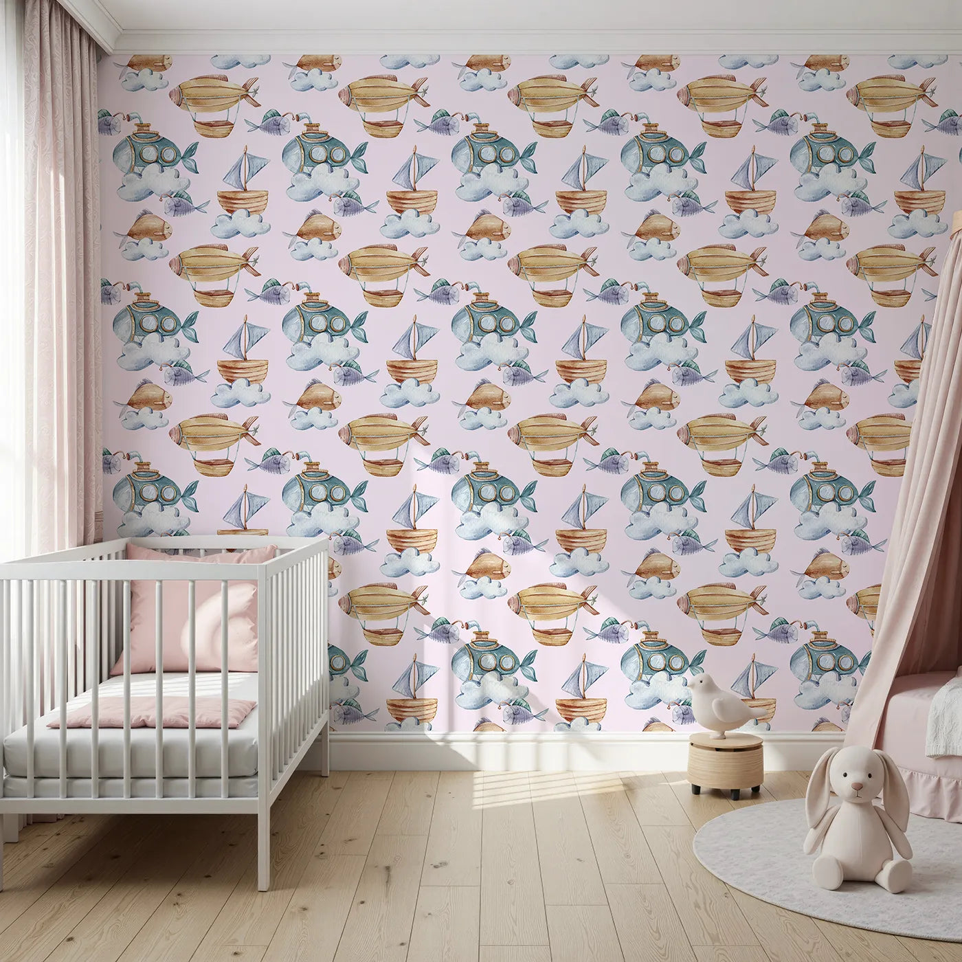 Front view of Whimsy Tots' Skybound Explorers Wallpaper in Blush Pink
