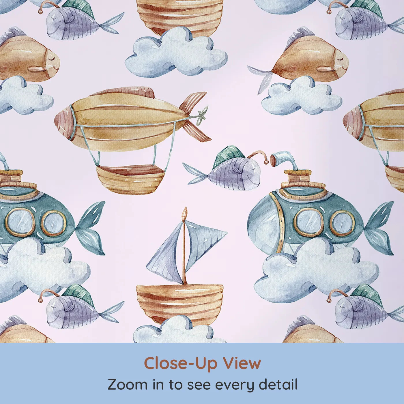 Close-up view of Whimsy Tots' Skybound Explorers Wallpaper in Blush Pink (W3394B).Blushing clouds carry submarines, sailing boats, and cheerful fish through the sky.