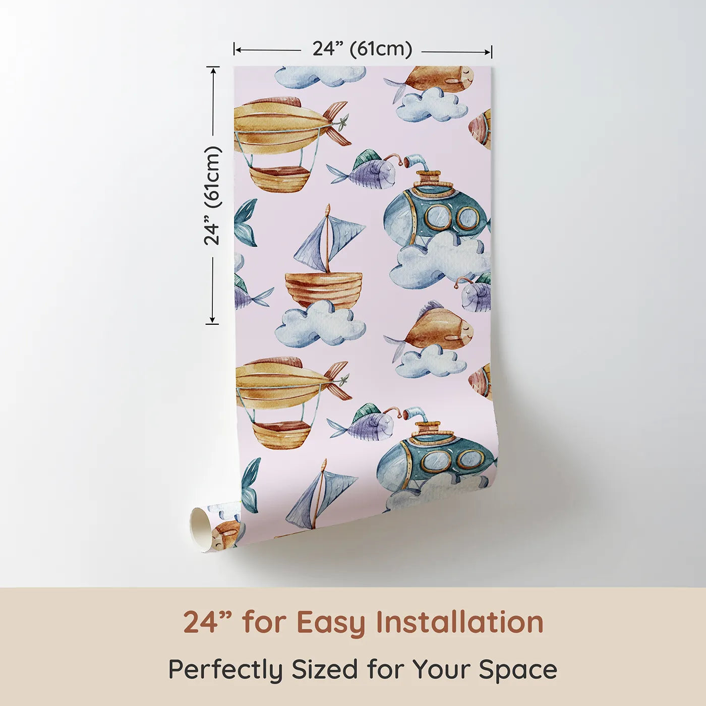 Dimension view of Whimsy Tots Skybound Explorers Wallpaper in Blush Pink (W3394B). Printed in 24-inch-wide panel for easy installation. Blushing clouds carry submarines, sailing boats, and cheerful fish through the sky.