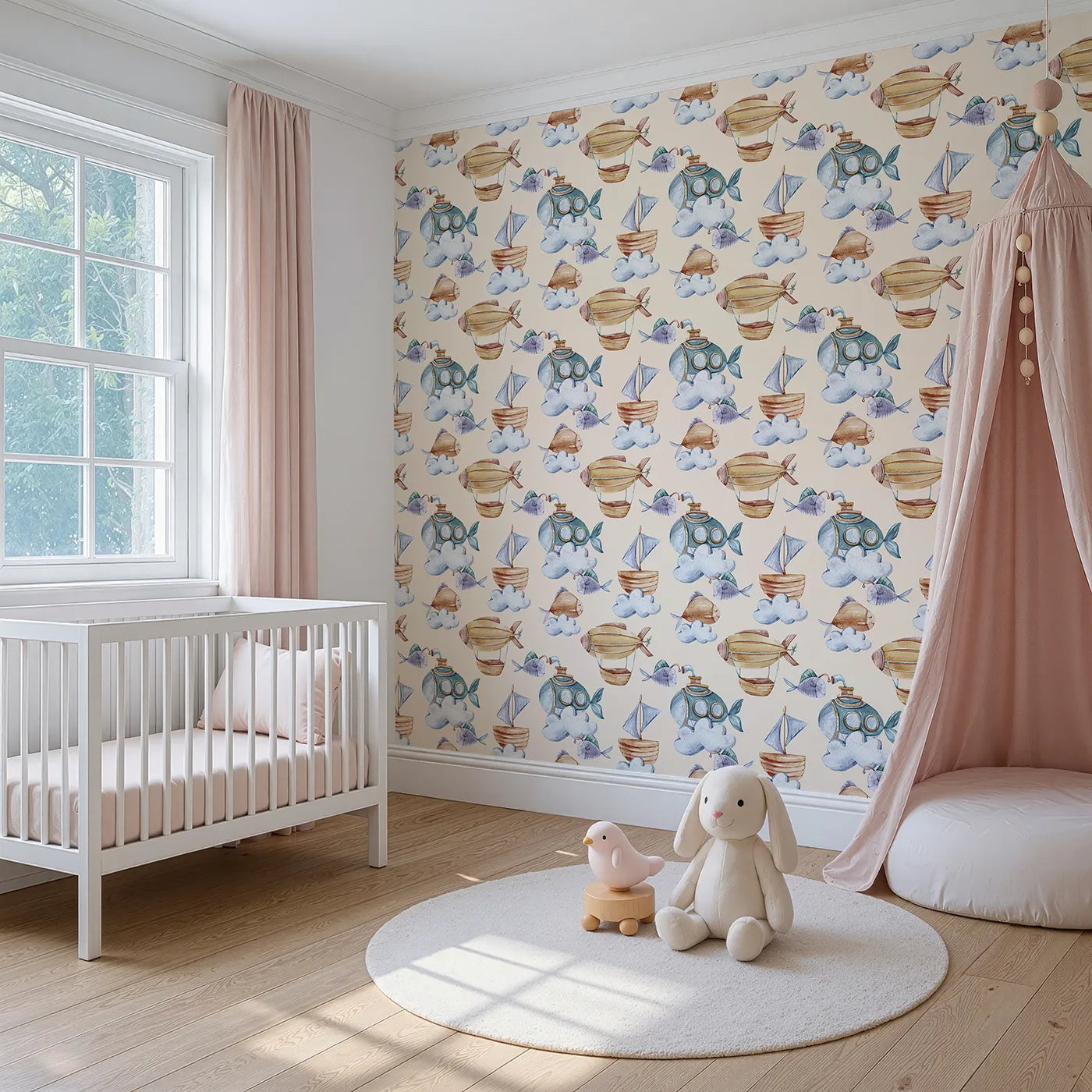 Angled view of Whimsy Tots' Skybound Explorers Wallpaper in Cream (W3394C).Submarines and sailing ships float through creamy skies alongside curious fish and clouds.