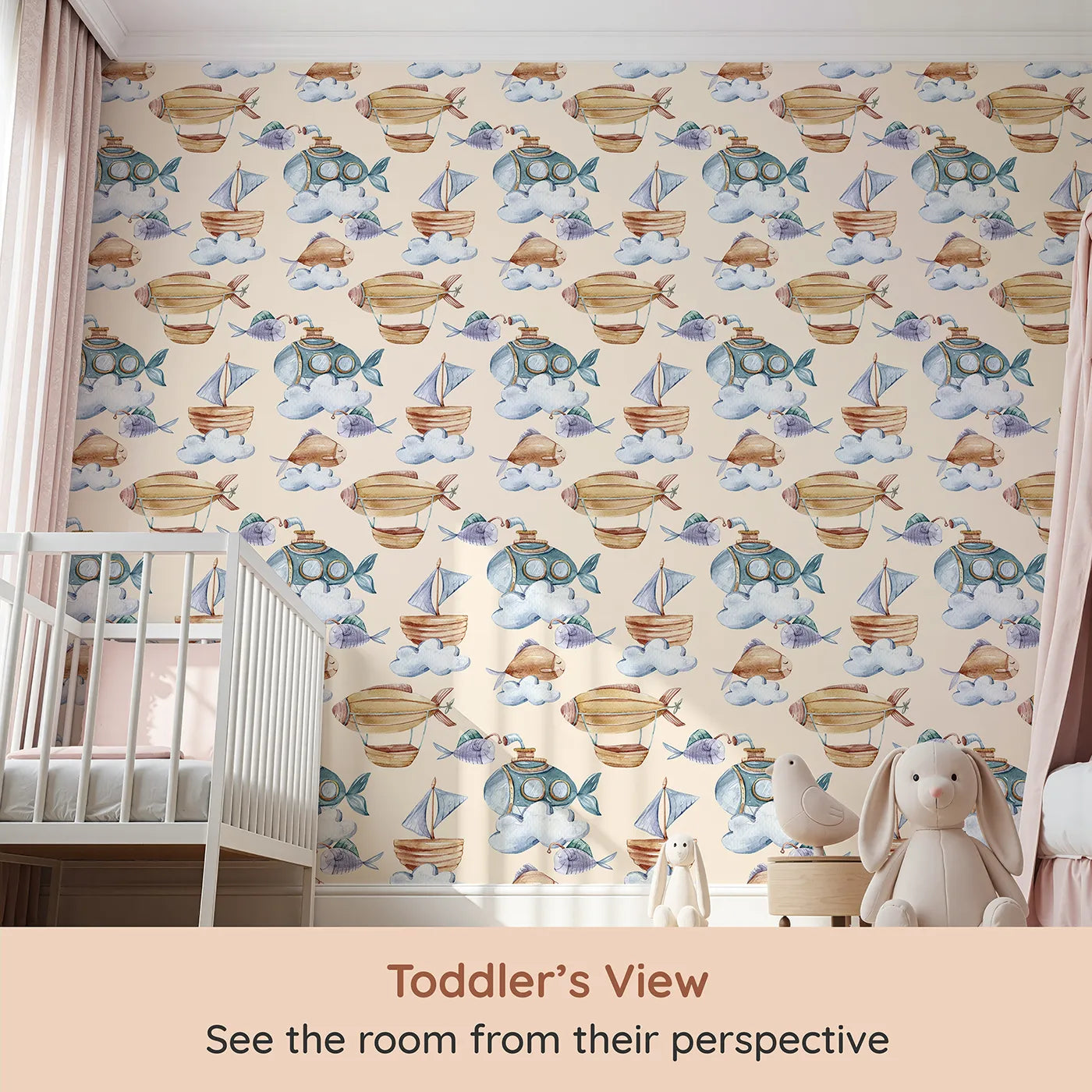 Whimsy Tots Skybound Explorers Wallpaper in Cream (W3394C) from your child's view.Submarines and sailing ships float through creamy skies alongside curious fish and clouds.