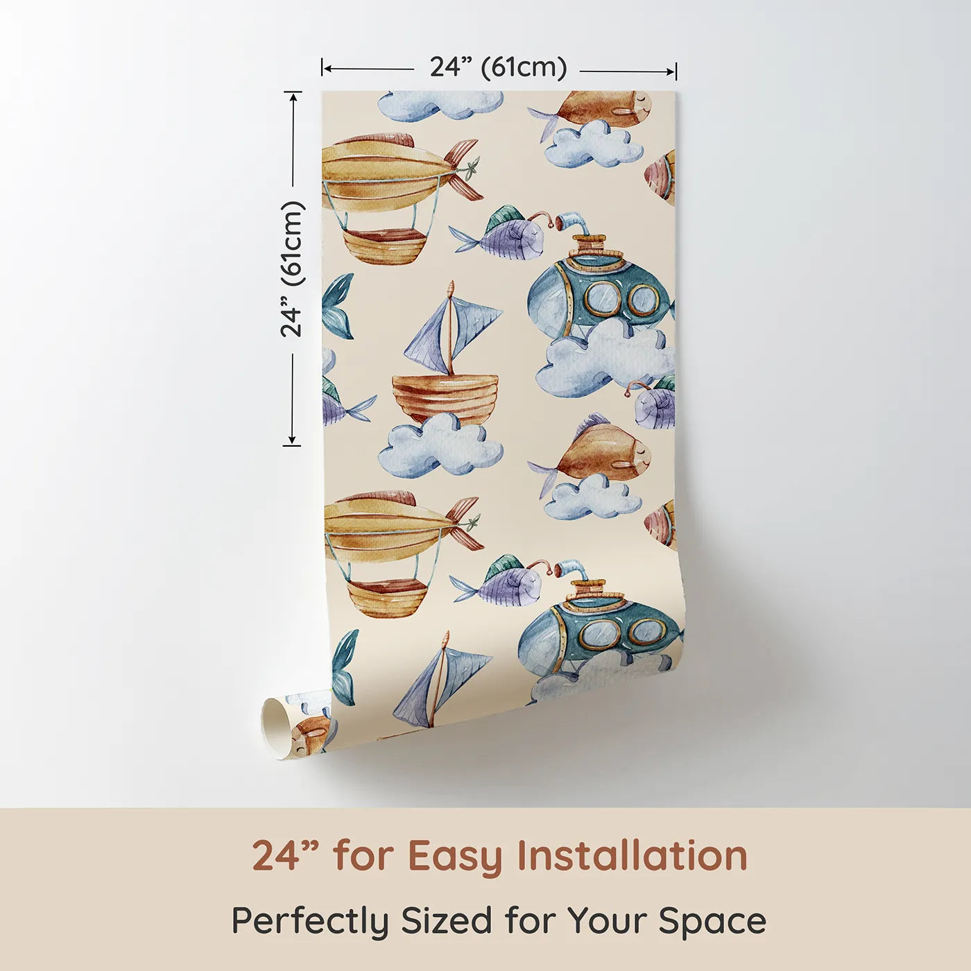 Dimension view of Whimsy Tots Skybound Explorers Wallpaper in Cream (W3394C). Printed in 24-inch-wide panel for easy installation. Submarines and sailing ships float through creamy skies alongside curious fish and clouds.