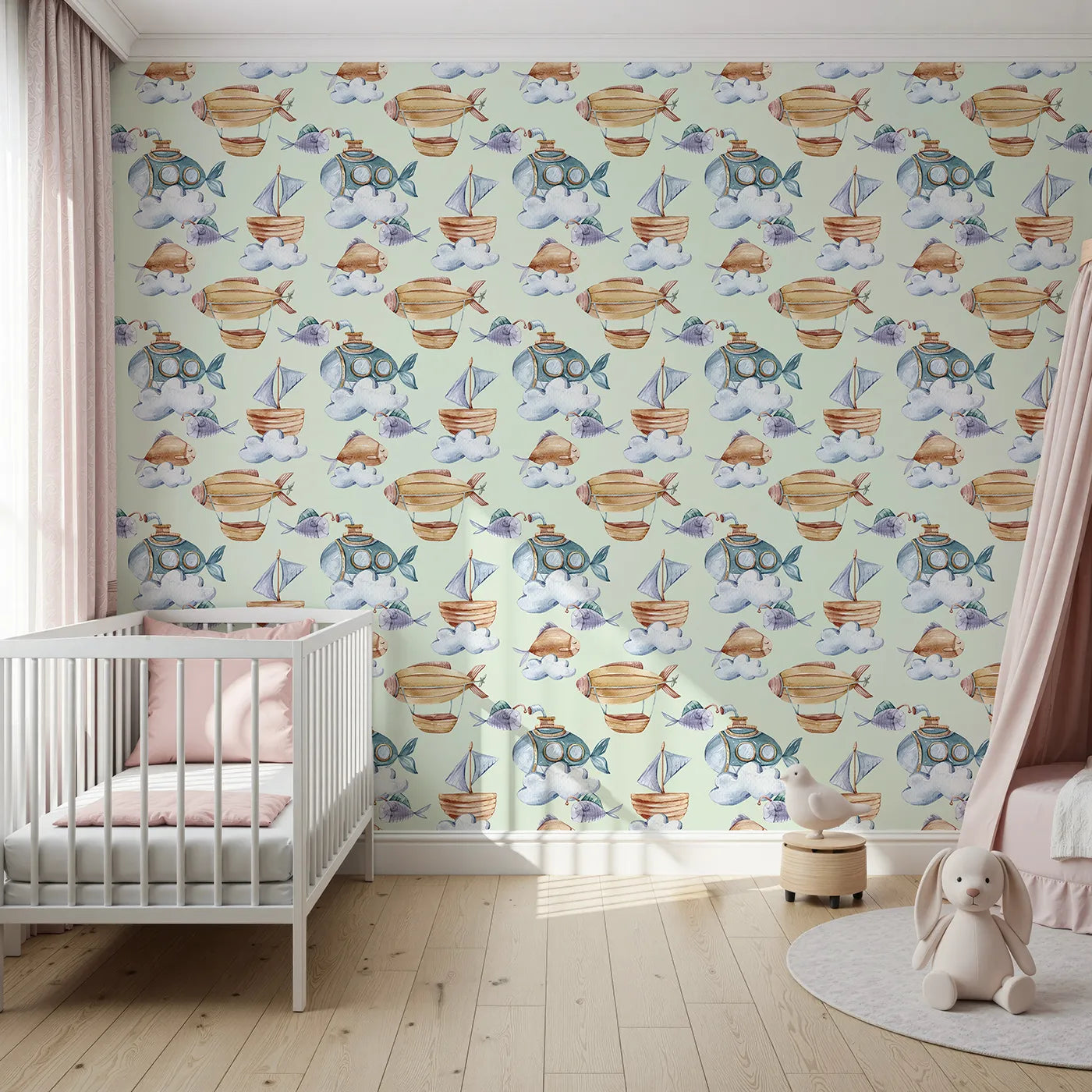 Front view of Whimsy Tots' Skybound Explorers Wallpaper in Mint Green