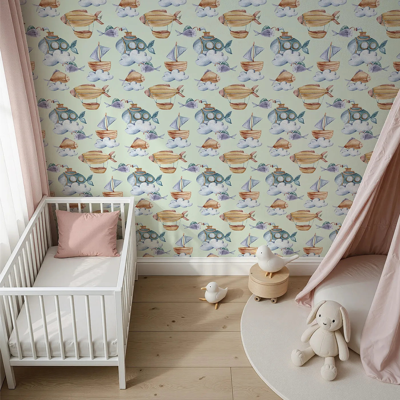 Top-Down view of Whimsy Tots' Skybound Explorers Wallpaper in Mint Green (W3394D).Mint skies carry boats, submarines, and smiling fish through a world of soft clouds.