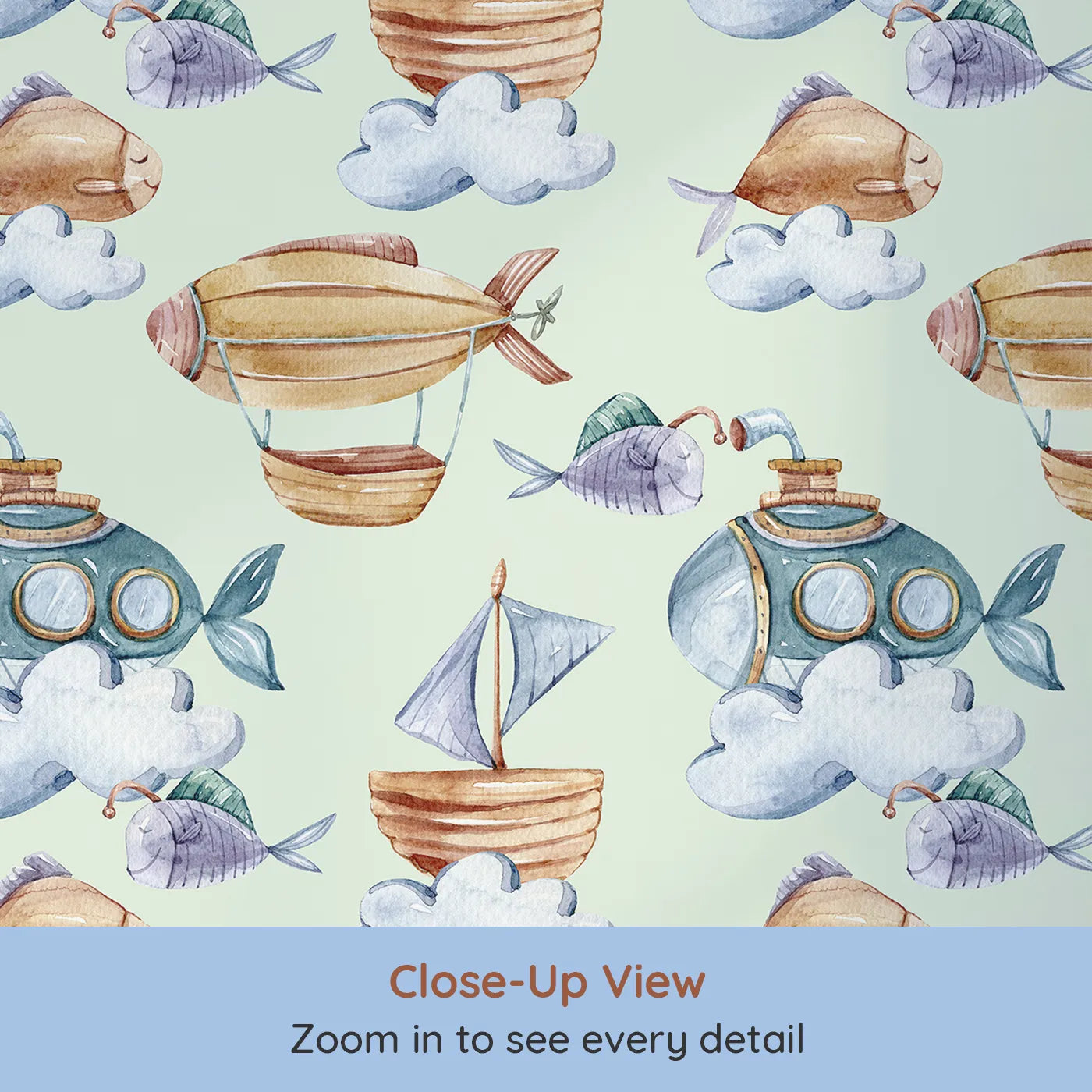 Close-up view of Whimsy Tots' Skybound Explorers Wallpaper in Mint Green (W3394D).Mint skies carry boats, submarines, and smiling fish through a world of soft clouds.