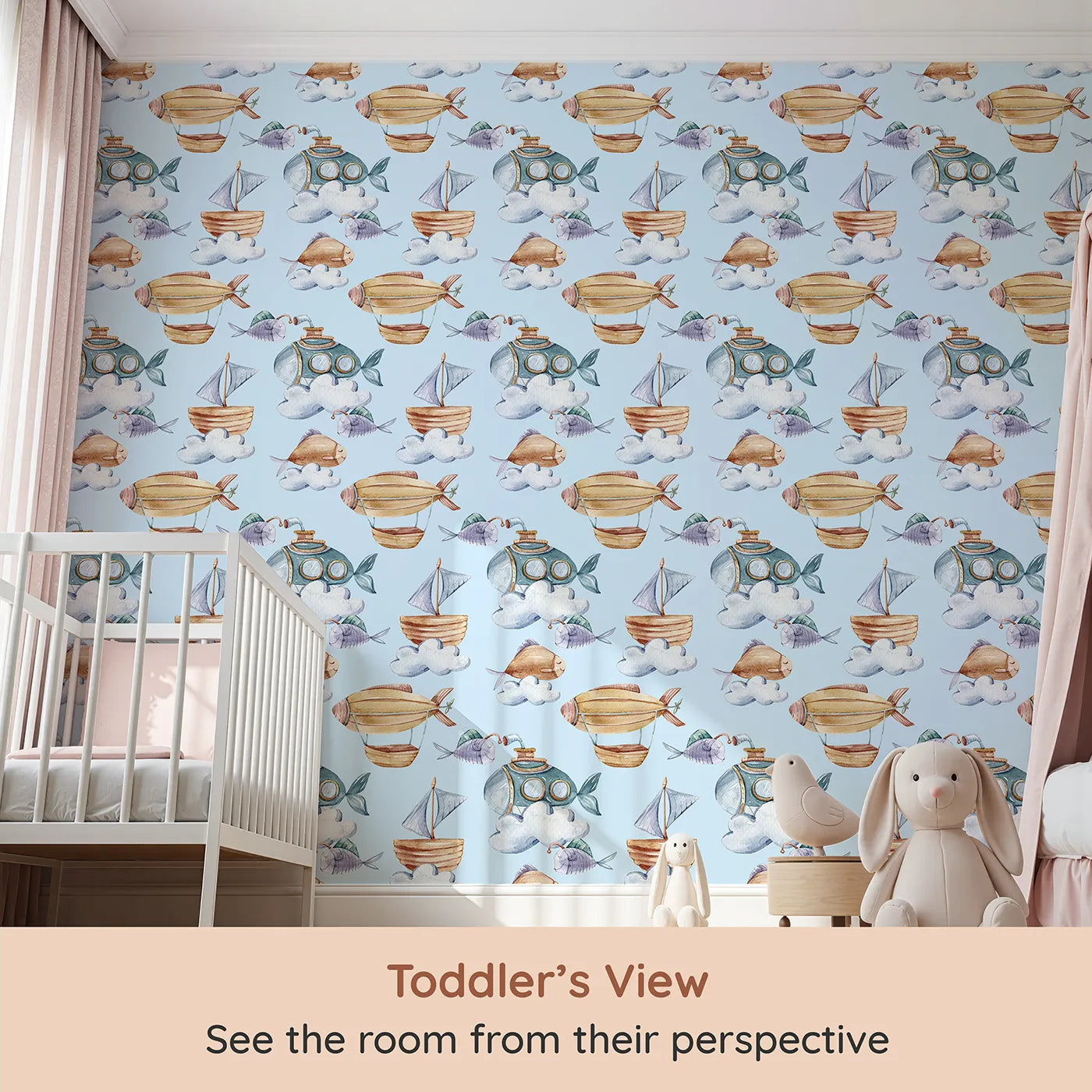 Whimsy Tots Skybound Explorers Wallpaper in Sky (W3394E) from your child's view.Submarines, boats, and fish float softly across a sky blue world of imagination.