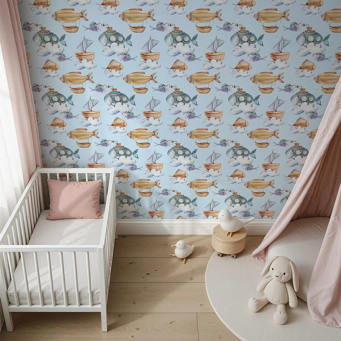 Top-Down view of Whimsy Tots' Skybound Explorers Wallpaper in Sky (W3394E).Submarines, boats, and fish float softly across a sky blue world of imagination.