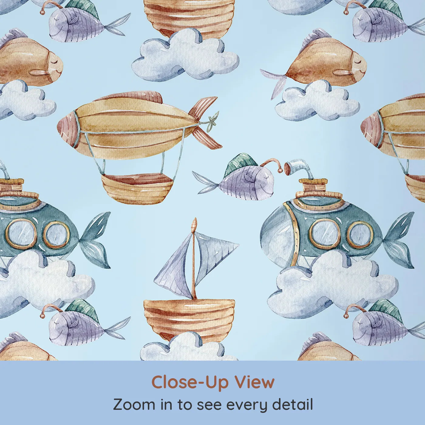 Close-up view of Whimsy Tots' Skybound Explorers Wallpaper in Sky (W3394E).Submarines, boats, and fish float softly across a sky blue world of imagination.