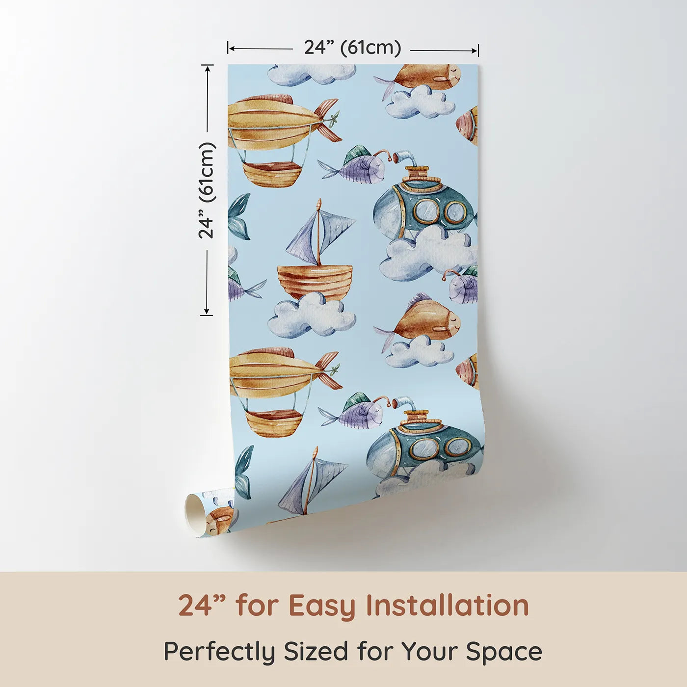 Dimension view of Whimsy Tots Skybound Explorers Wallpaper in Sky (W3394E). Printed in 24-inch-wide panel for easy installation. Submarines, boats, and fish float softly across a sky blue world of imagination.