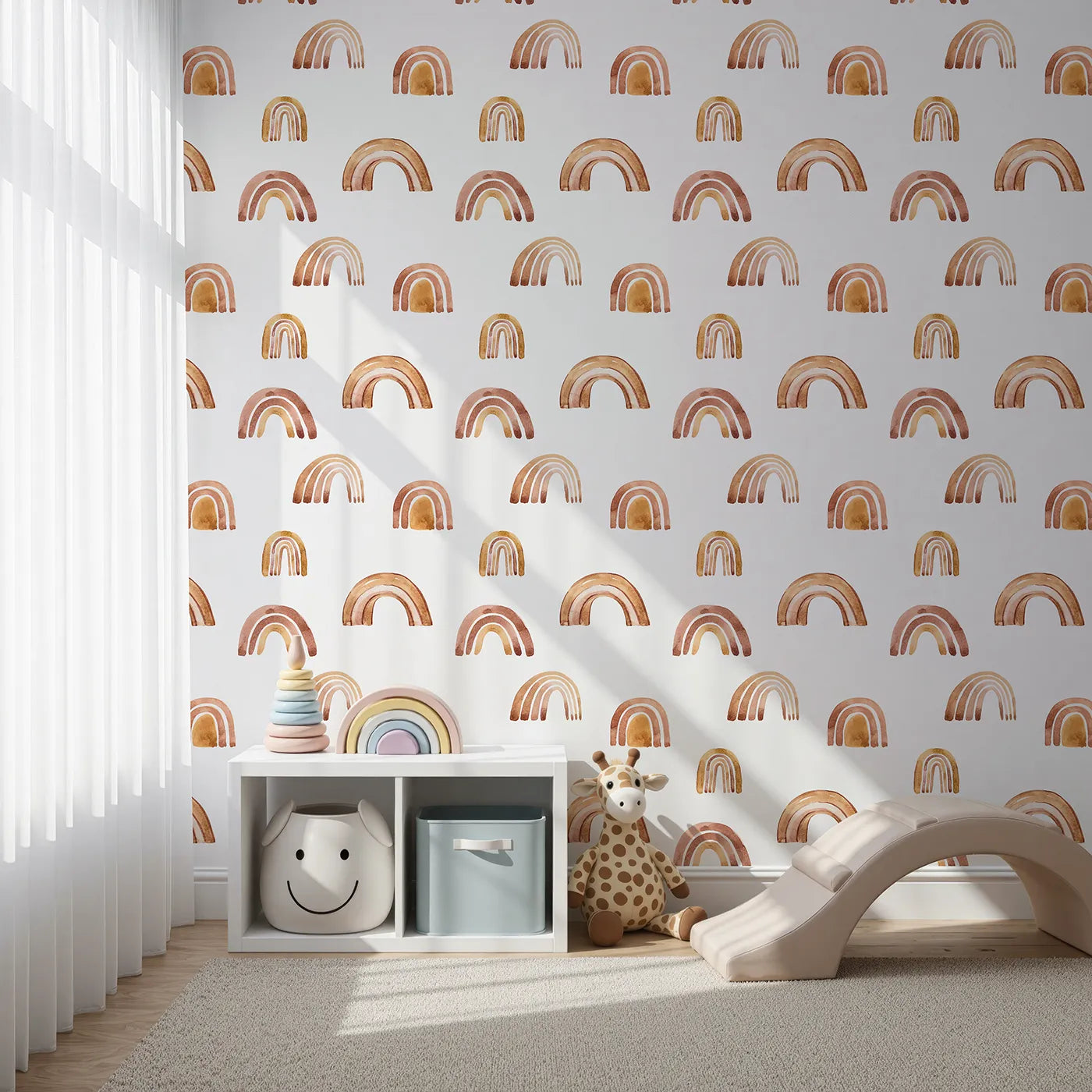 Front view of Whimsy Tots' Boho Brush Rainbow Wallpaper in White