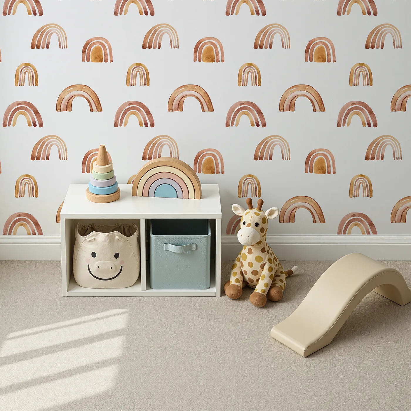 Top-Down view of Whimsy Tots' Boho Brush Rainbow Wallpaper in White (W3398A).Warm-toned arches dance across a calm white sky.
