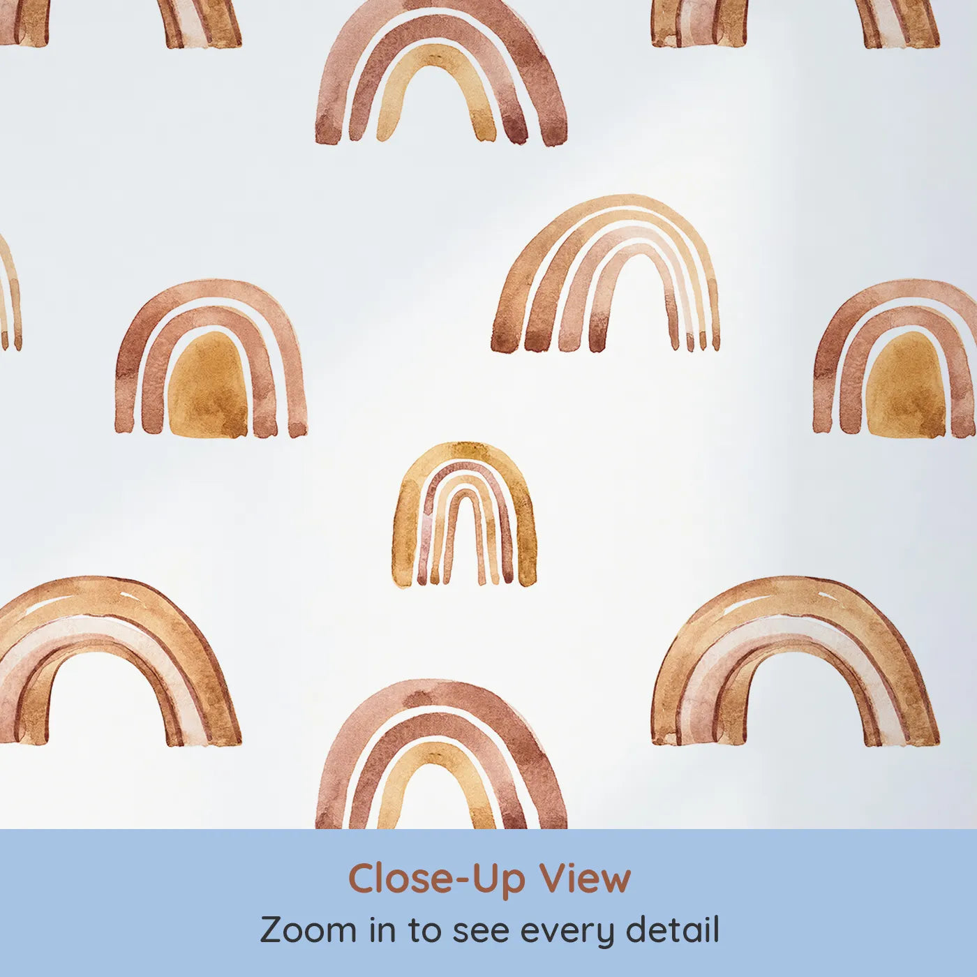 Close-up view of Whimsy Tots' Boho Brush Rainbow Wallpaper in White (W3398A).Warm-toned arches dance across a calm white sky.