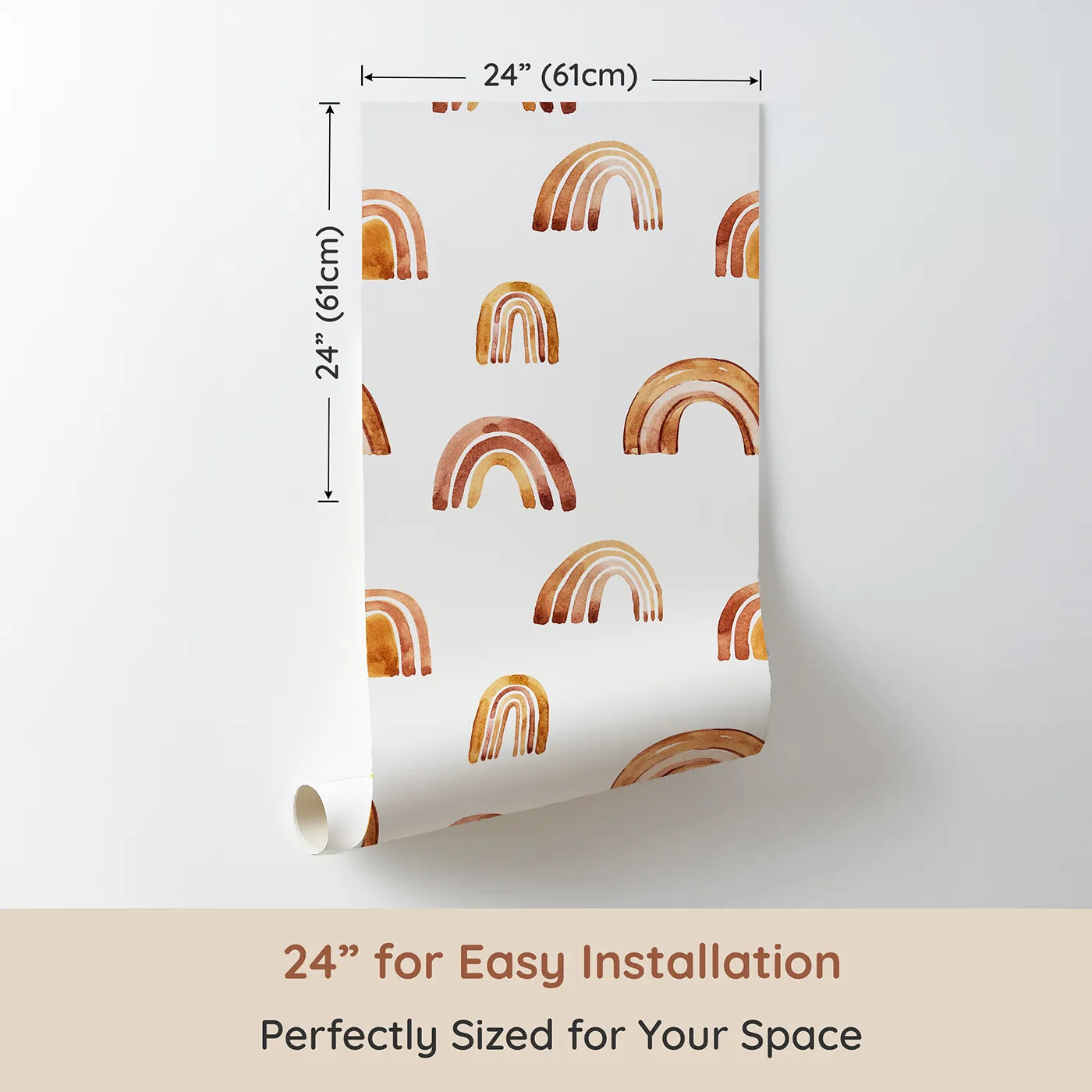 Dimension view of Whimsy Tots Boho Brush Rainbow Wallpaper in White (W3398A). Printed in 24-inch-wide panel for easy installation. Warm-toned arches dance across a calm white sky.