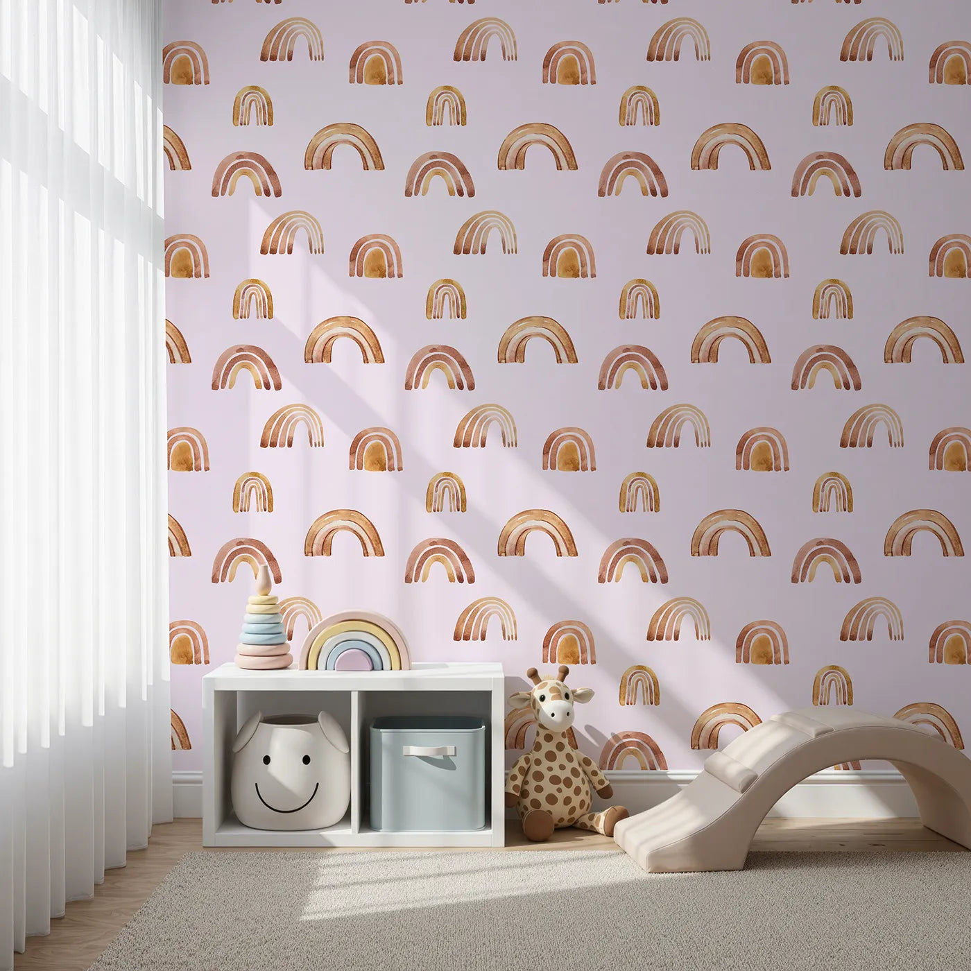 Front view of Whimsy Tots' Boho Brush Rainbow Wallpaper in Pink