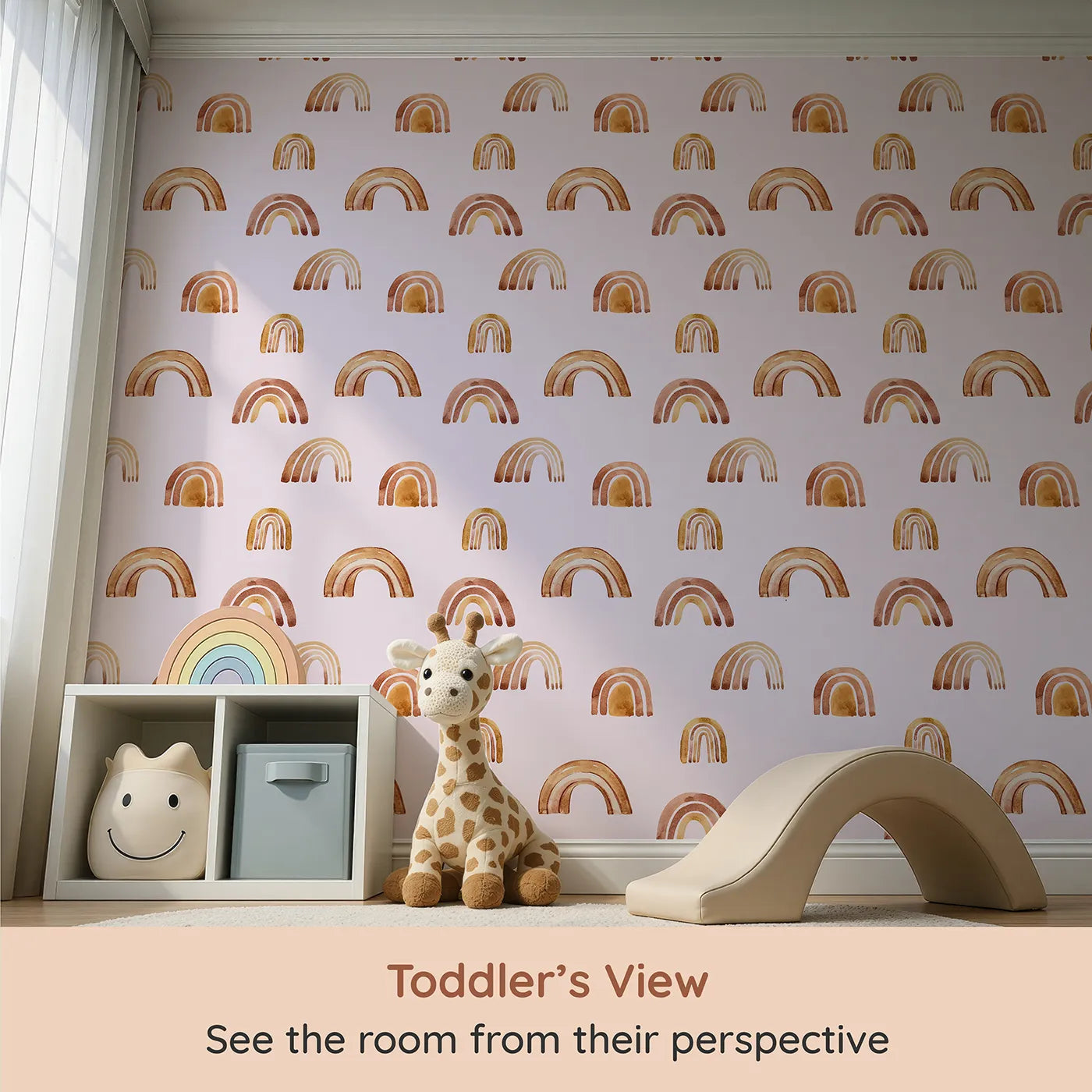 Whimsy Tots Boho Brush Rainbow Wallpaper in Pink (W3398B) from your child's view.Earthy rainbows float across a rosy pink sky.