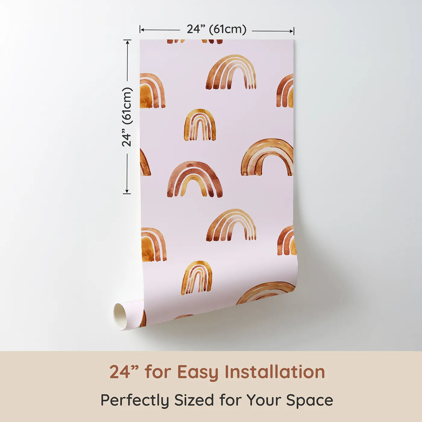 Dimension view of Whimsy Tots Boho Brush Rainbow Wallpaper in Pink (W3398B). Printed in 24-inch-wide panel for easy installation. Earthy rainbows float across a rosy pink sky.