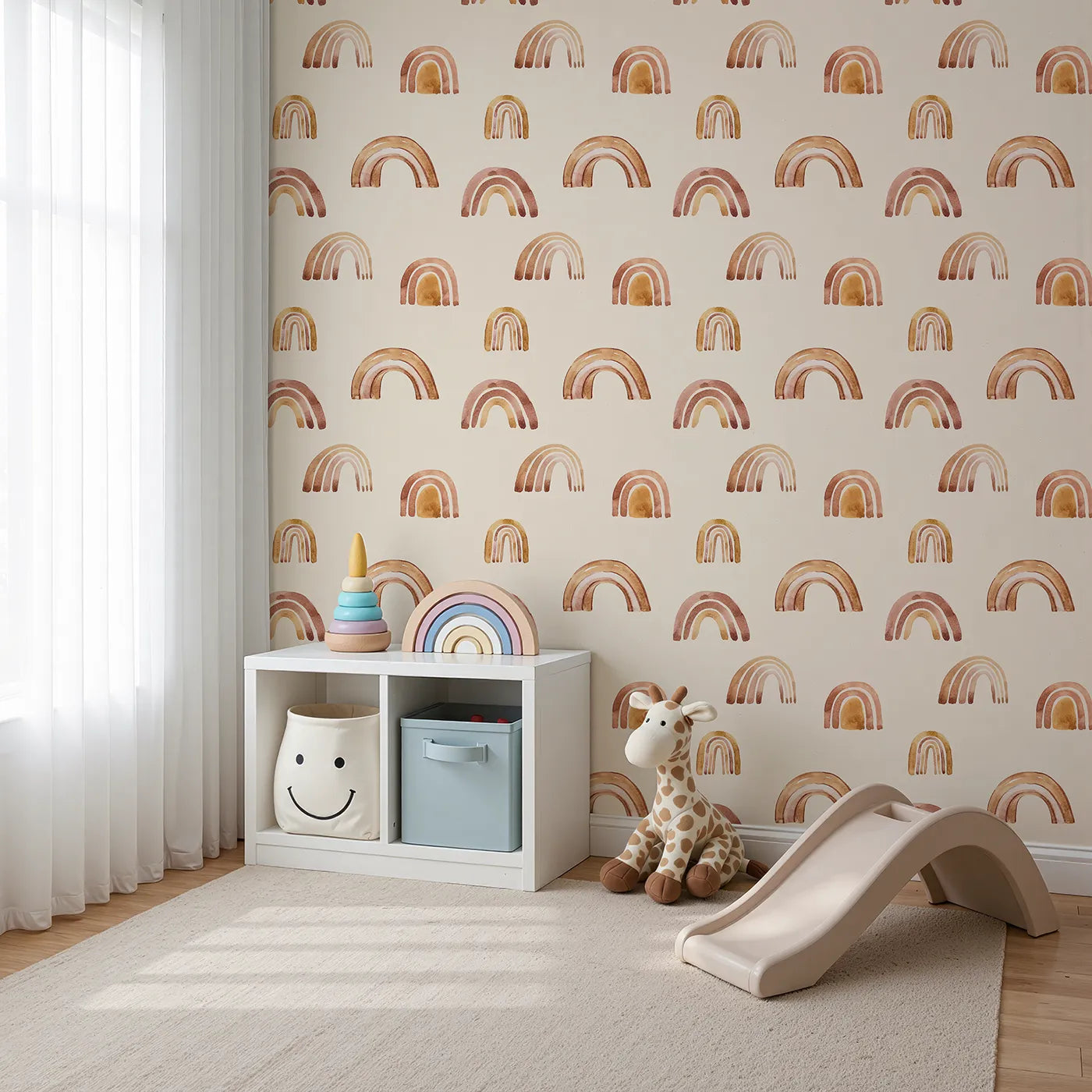 Angled view of Whimsy Tots' Boho Brush Rainbow Wallpaper in Beige (W3398C).Warm brown and golden arches gently play across a sandy beige sky.