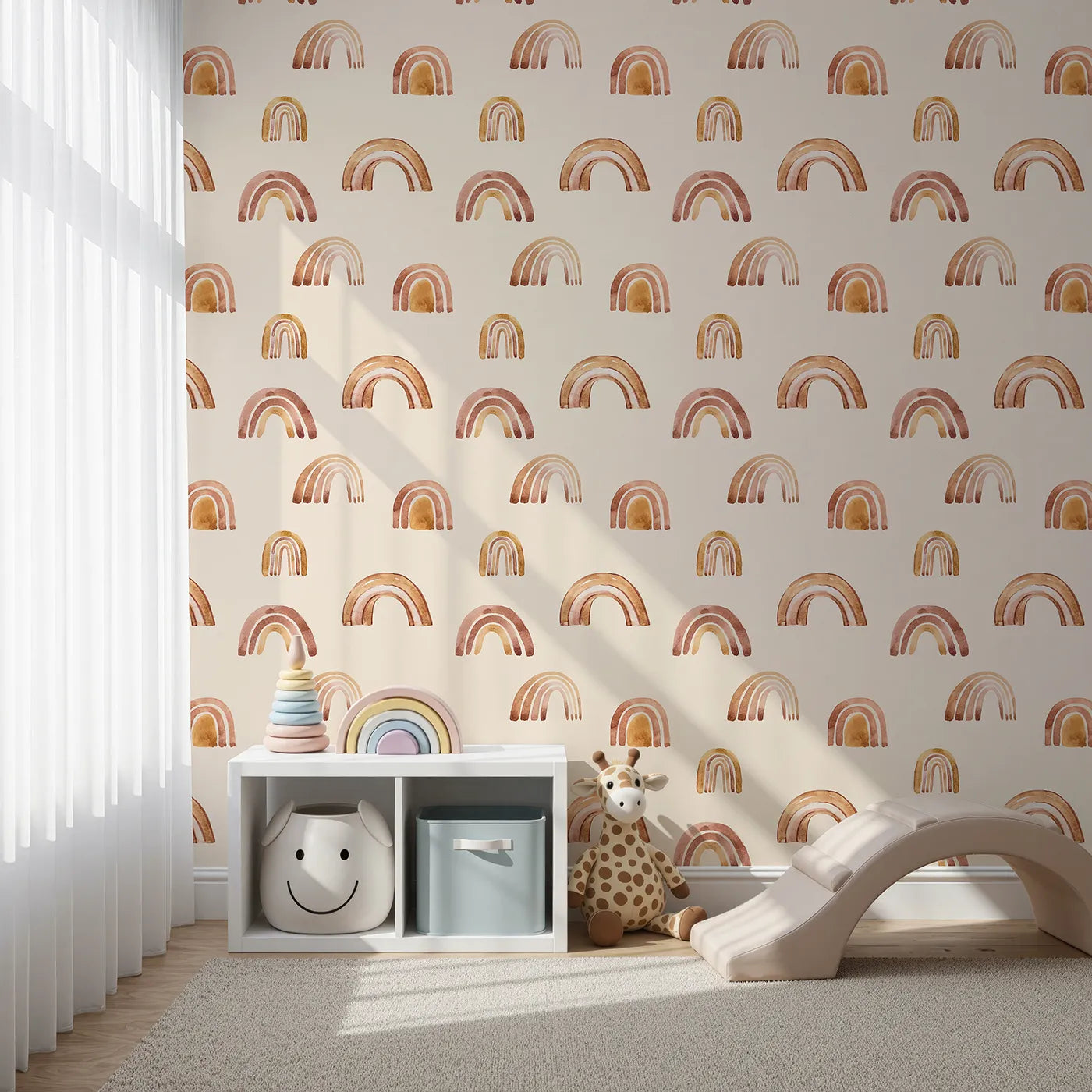 Front view of Whimsy Tots' Boho Brush Rainbow Wallpaper in Beige
