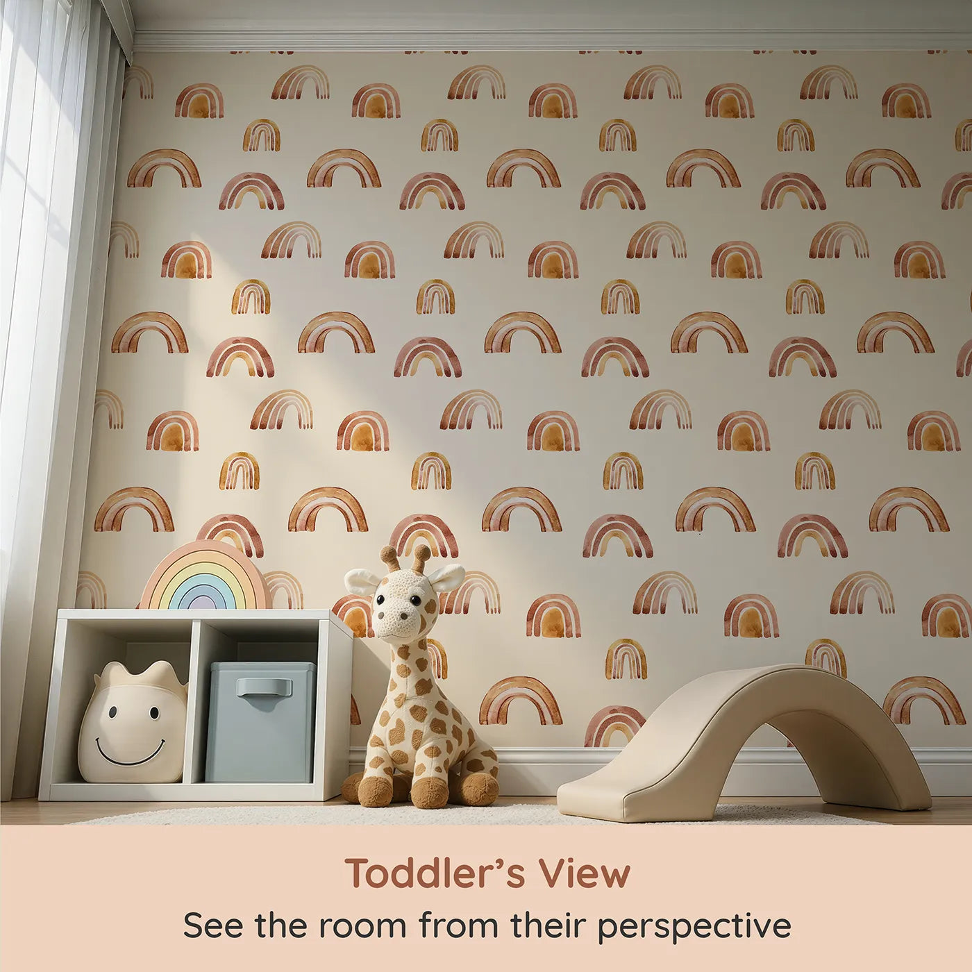 Whimsy Tots Boho Brush Rainbow Wallpaper in Beige (W3398C) from your child's view.Warm brown and golden arches gently play across a sandy beige sky.