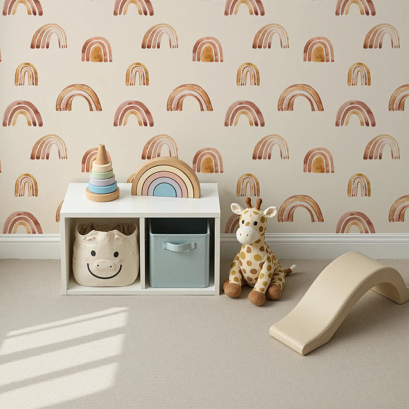 Top-Down view of Whimsy Tots' Boho Brush Rainbow Wallpaper in Beige (W3398C).Warm brown and golden arches gently play across a sandy beige sky.