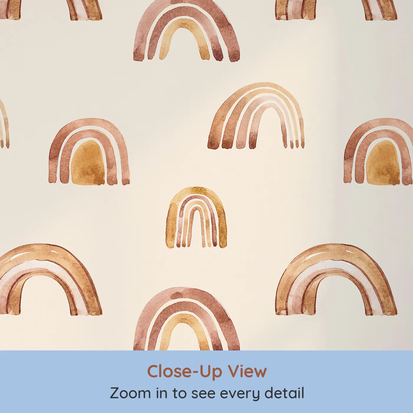 Close-up view of Whimsy Tots' Boho Brush Rainbow Wallpaper in Beige (W3398C).Warm brown and golden arches gently play across a sandy beige sky.