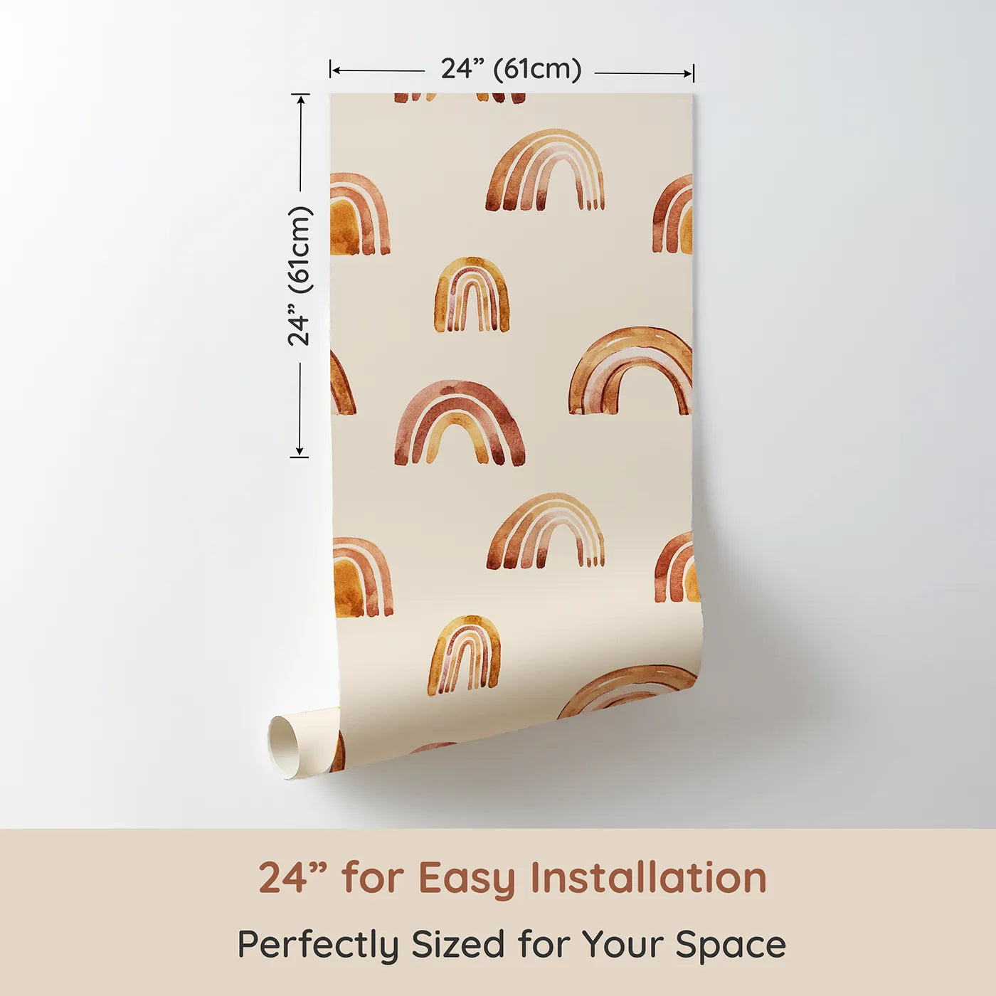 Dimension view of Whimsy Tots Boho Brush Rainbow Wallpaper in Beige (W3398C). Printed in 24-inch-wide panel for easy installation. Warm brown and golden arches gently play across a sandy beige sky.