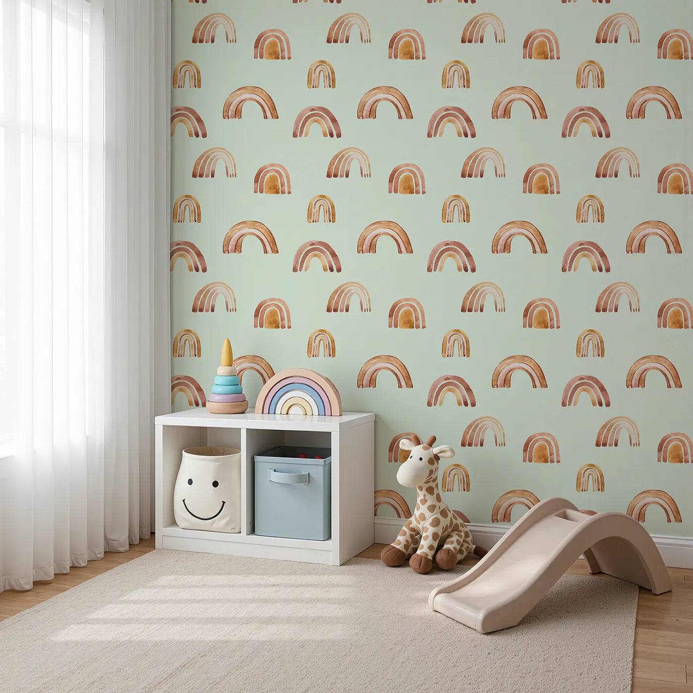 Angled view of Whimsy Tots' Boho Brush Rainbow Wallpaper in Mint Green (W3398D).Warm arches float peacefully over a pale mint green sky.