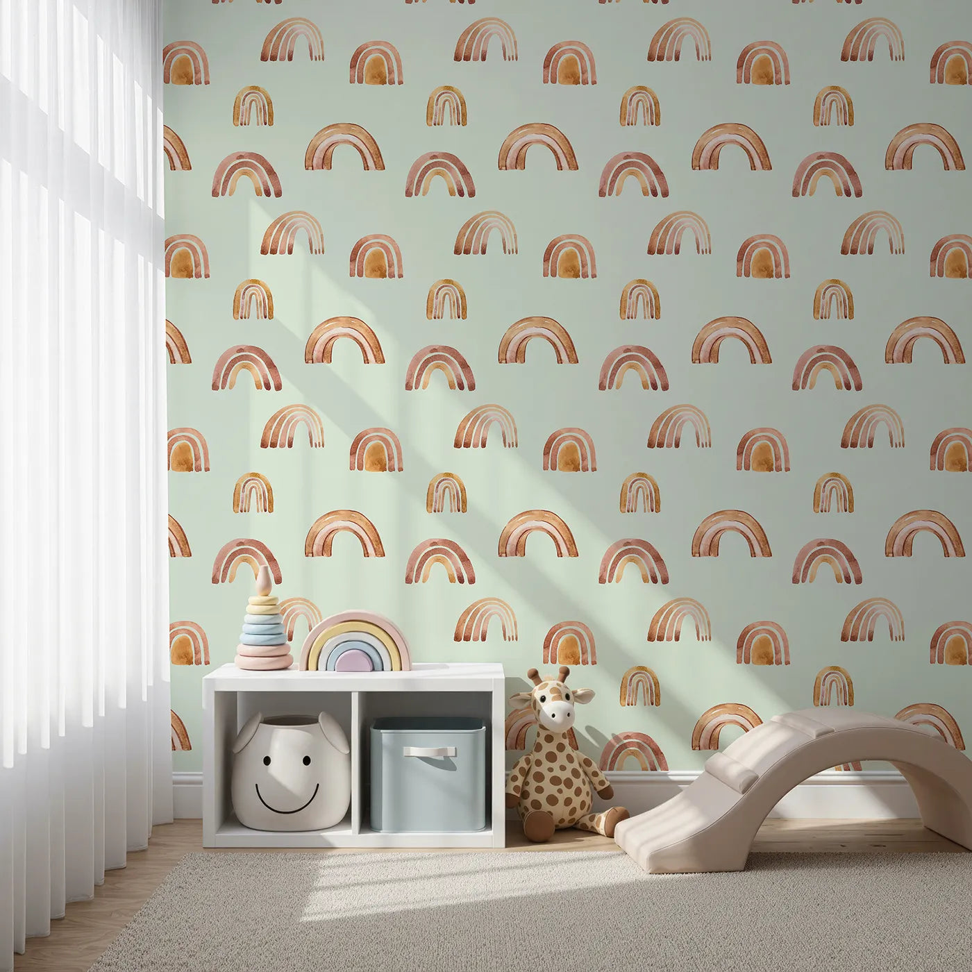 Front view of Whimsy Tots' Boho Brush Rainbow Wallpaper in Mint Green